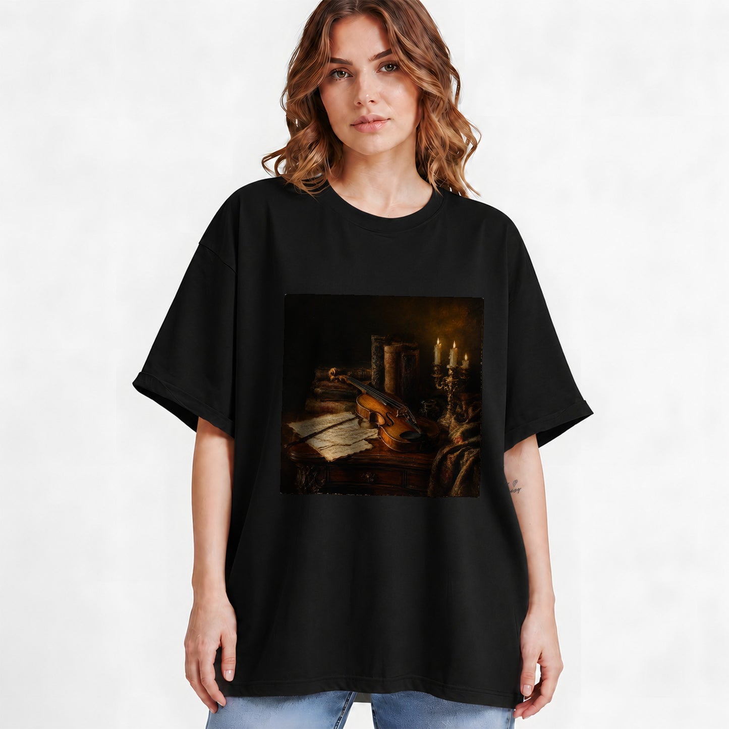 #pl[Black] Violin Still Life Graphic T-Shirt, Candlelit Books and Sheet Music