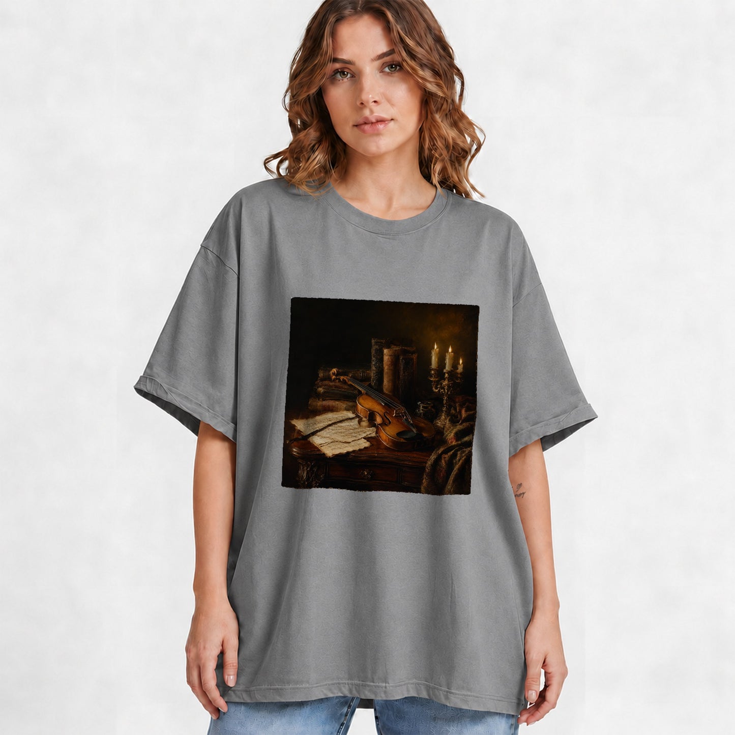 #pl[Gray] Violin Still Life Graphic T-Shirt, Candlelit Books and Sheet Music