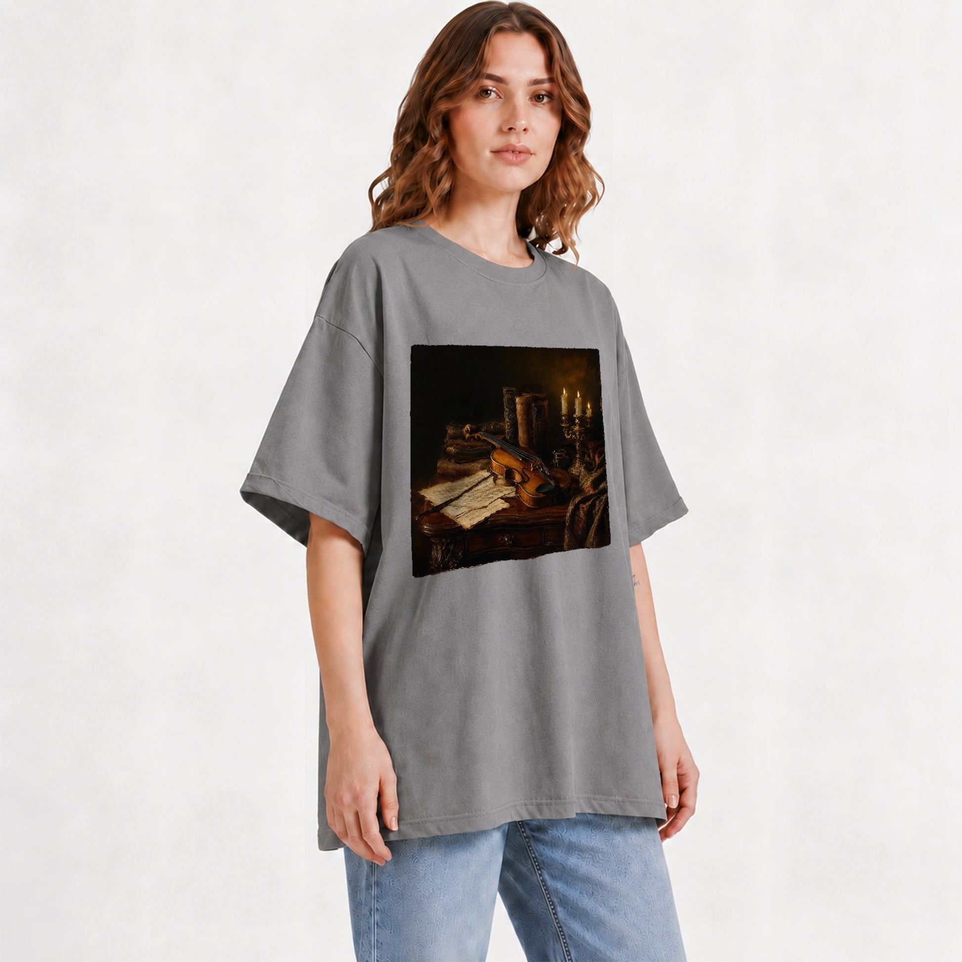 #pl[Gray] Violin Still Life Graphic T-Shirt, Candlelit Books and Sheet Music
