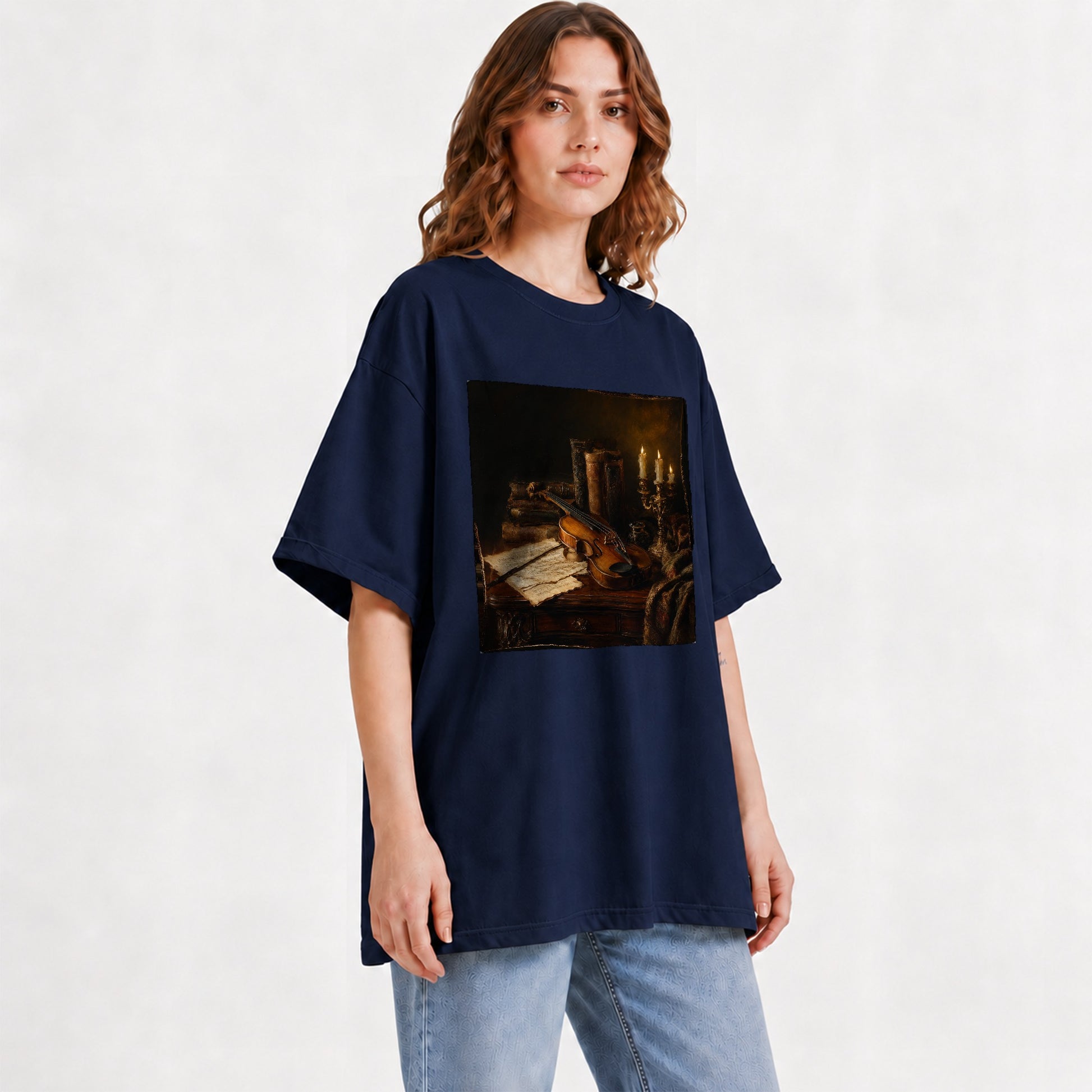 #pl[Navy] Violin Still Life Graphic T-Shirt, Candlelit Books and Sheet Music