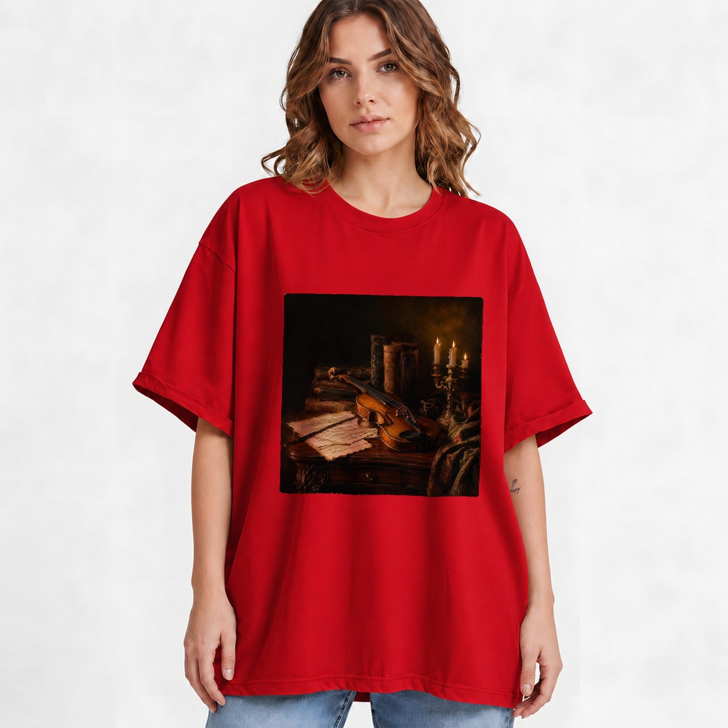 #pl[Red] Violin Still Life Graphic T-Shirt, Candlelit Books and Sheet Music