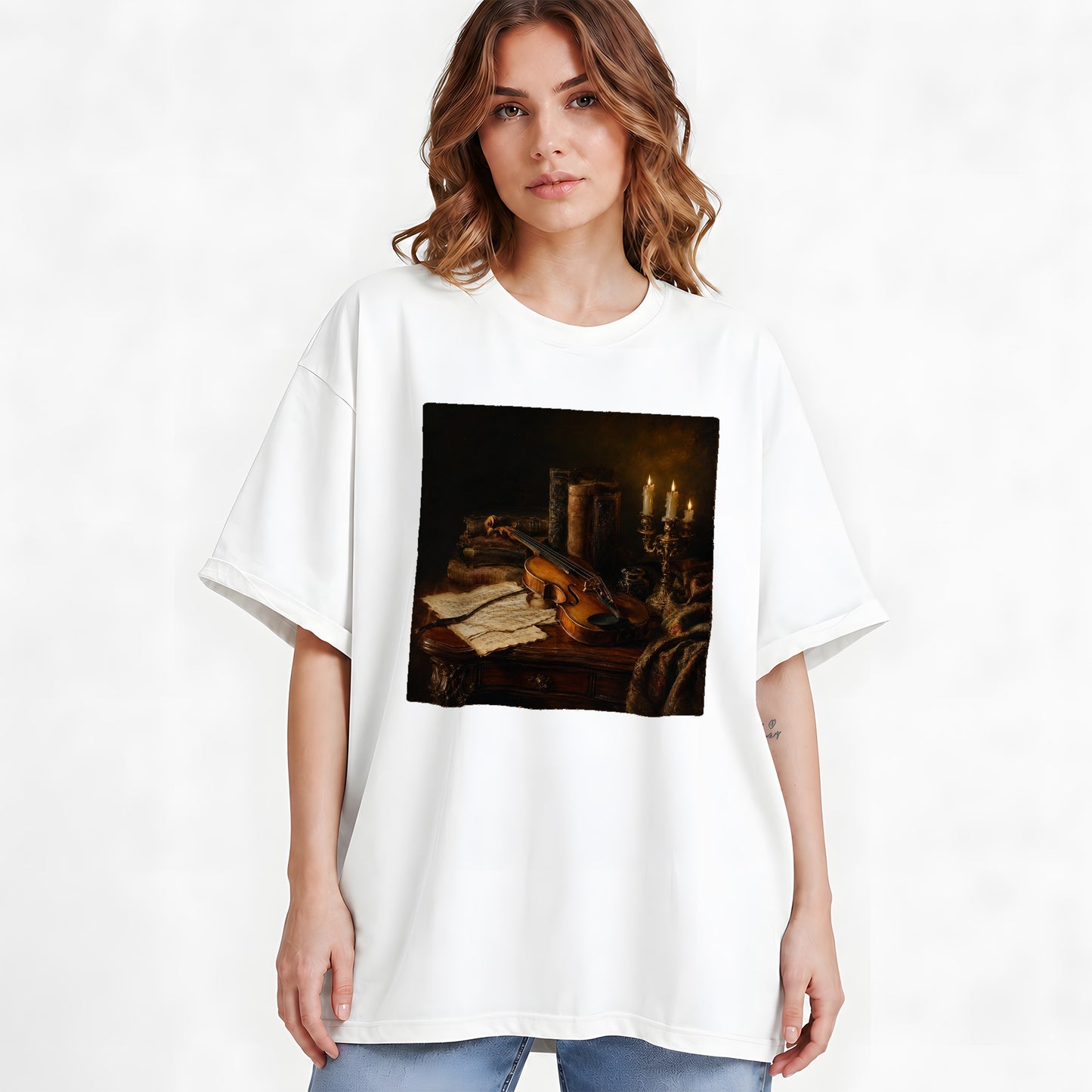 #pl[White] Violin Still Life Graphic T-Shirt, Candlelit Books and Sheet Music