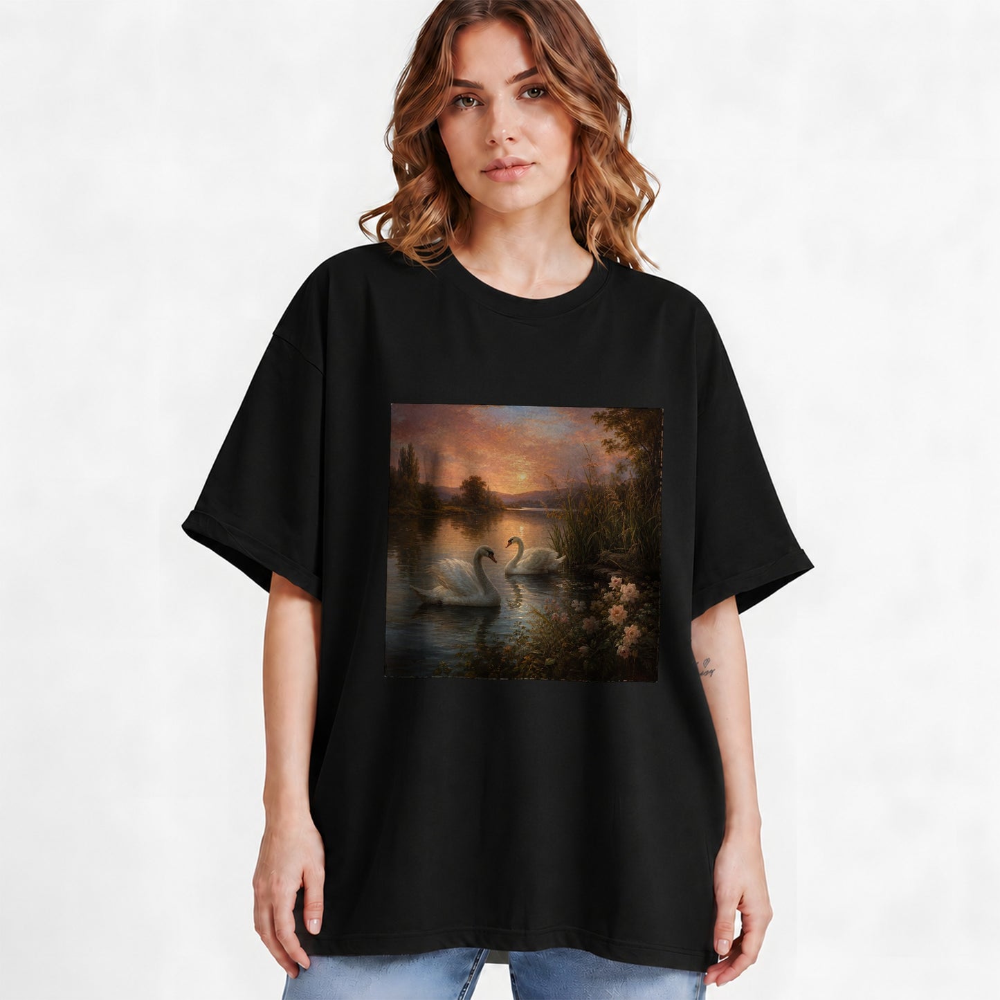 #pl[Black] Swan Lake Sunset Graphic T-Shirt, Romantic Roses Water Landscape
