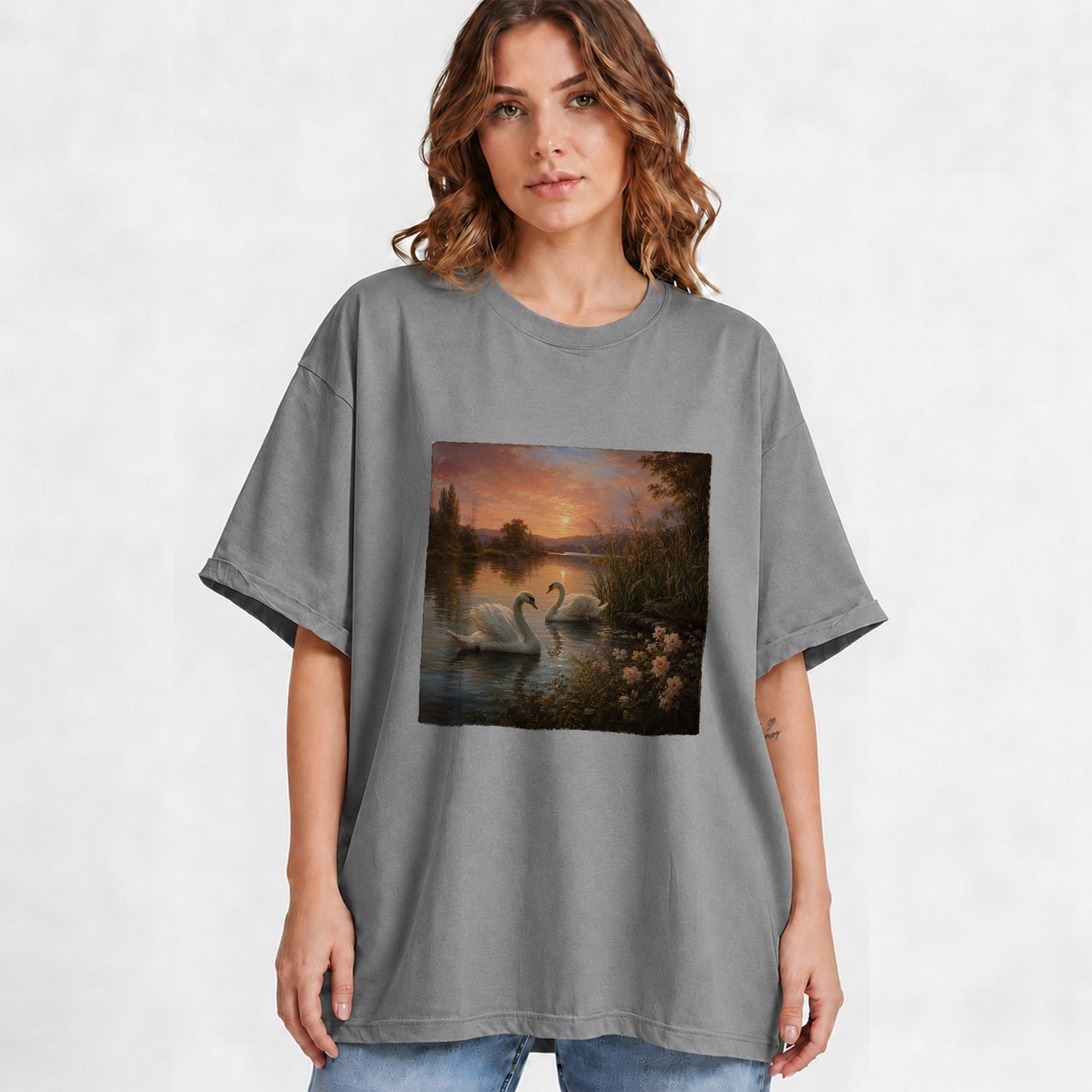 #pl[Gray] Swan Lake Sunset Graphic T-Shirt, Romantic Roses Water Landscape
