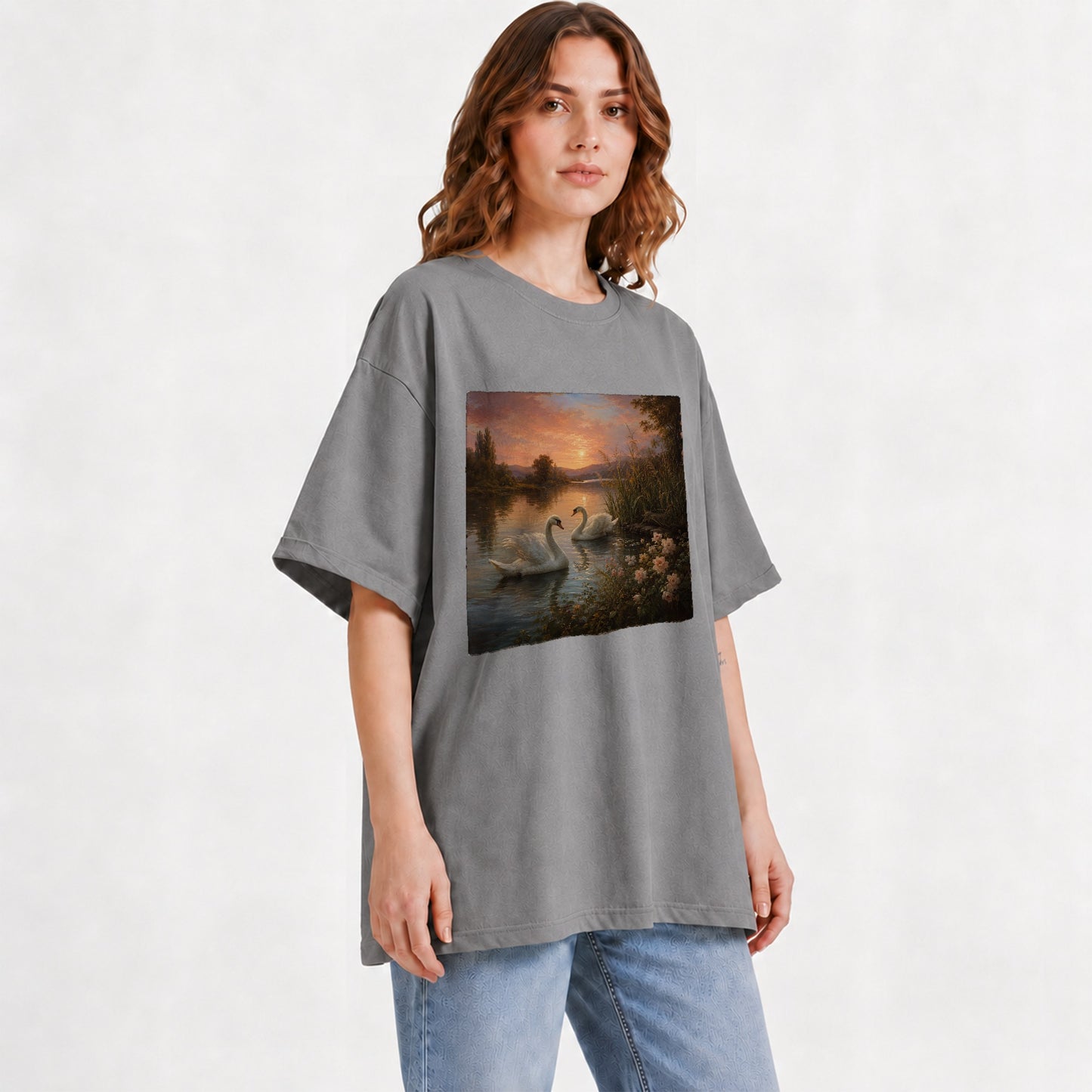 #pl[Gray] Swan Lake Sunset Graphic T-Shirt, Romantic Roses Water Landscape
