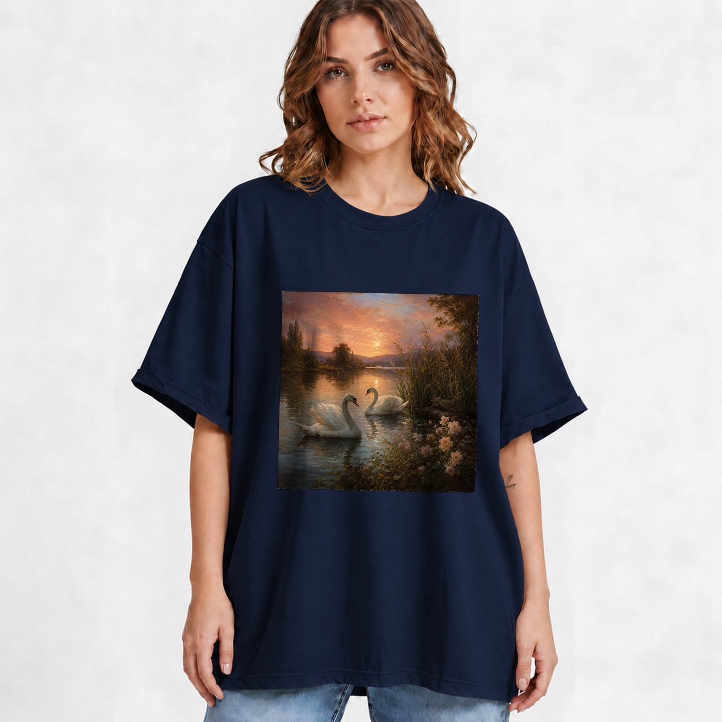 #pl[Navy] Swan Lake Sunset Graphic T-Shirt, Romantic Roses Water Landscape
