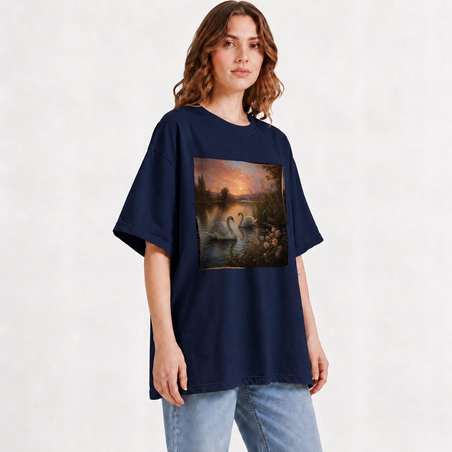 #pl[Navy] Swan Lake Sunset Graphic T-Shirt, Romantic Roses Water Landscape