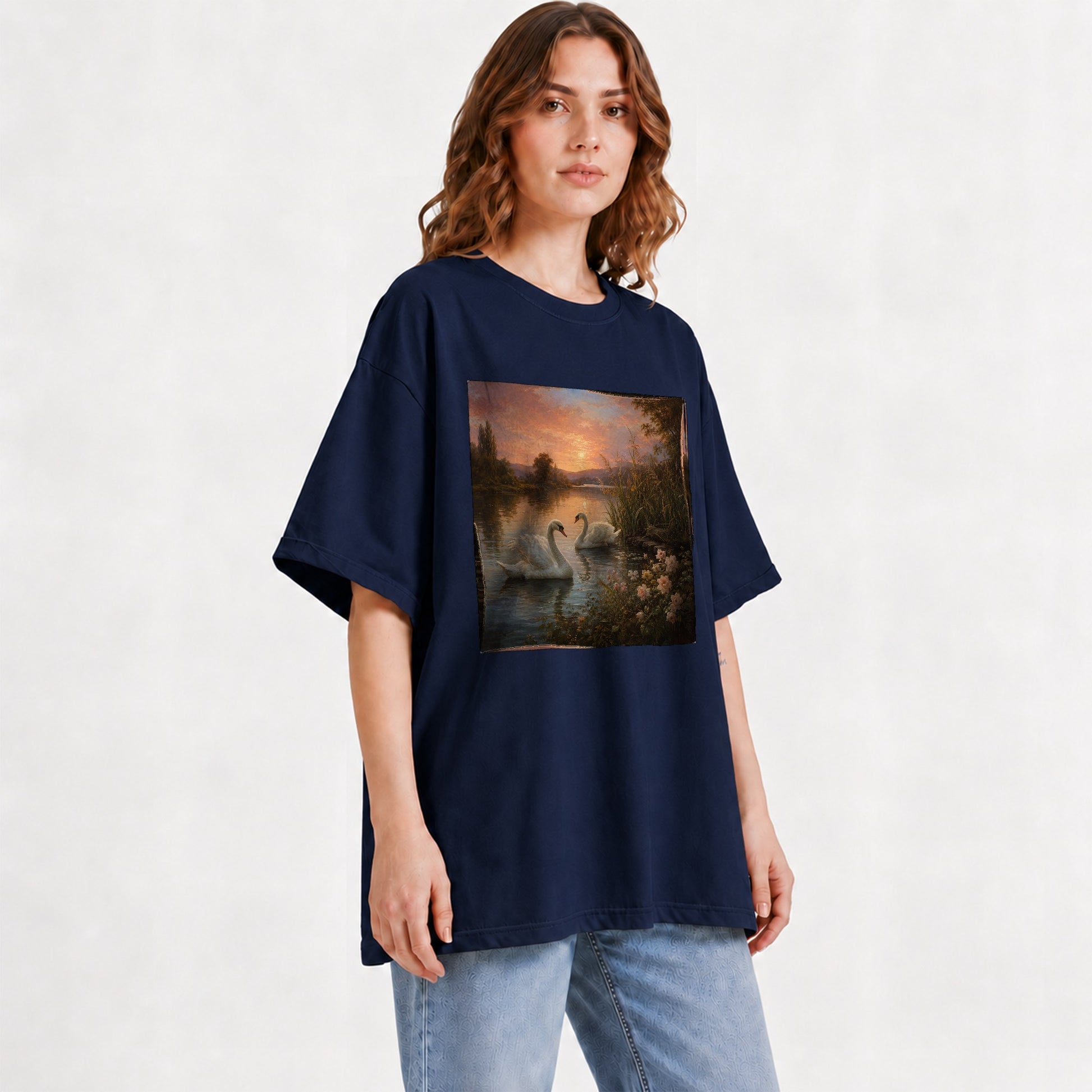#pl[Navy] Swan Lake Sunset Graphic T-Shirt, Romantic Roses Water Landscape