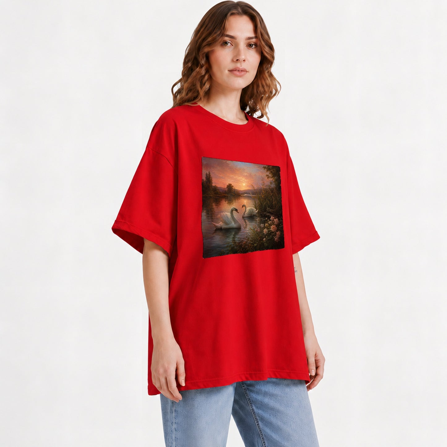 #pl[Red] Swan Lake Sunset Graphic T-Shirt, Romantic Roses Water Landscape
