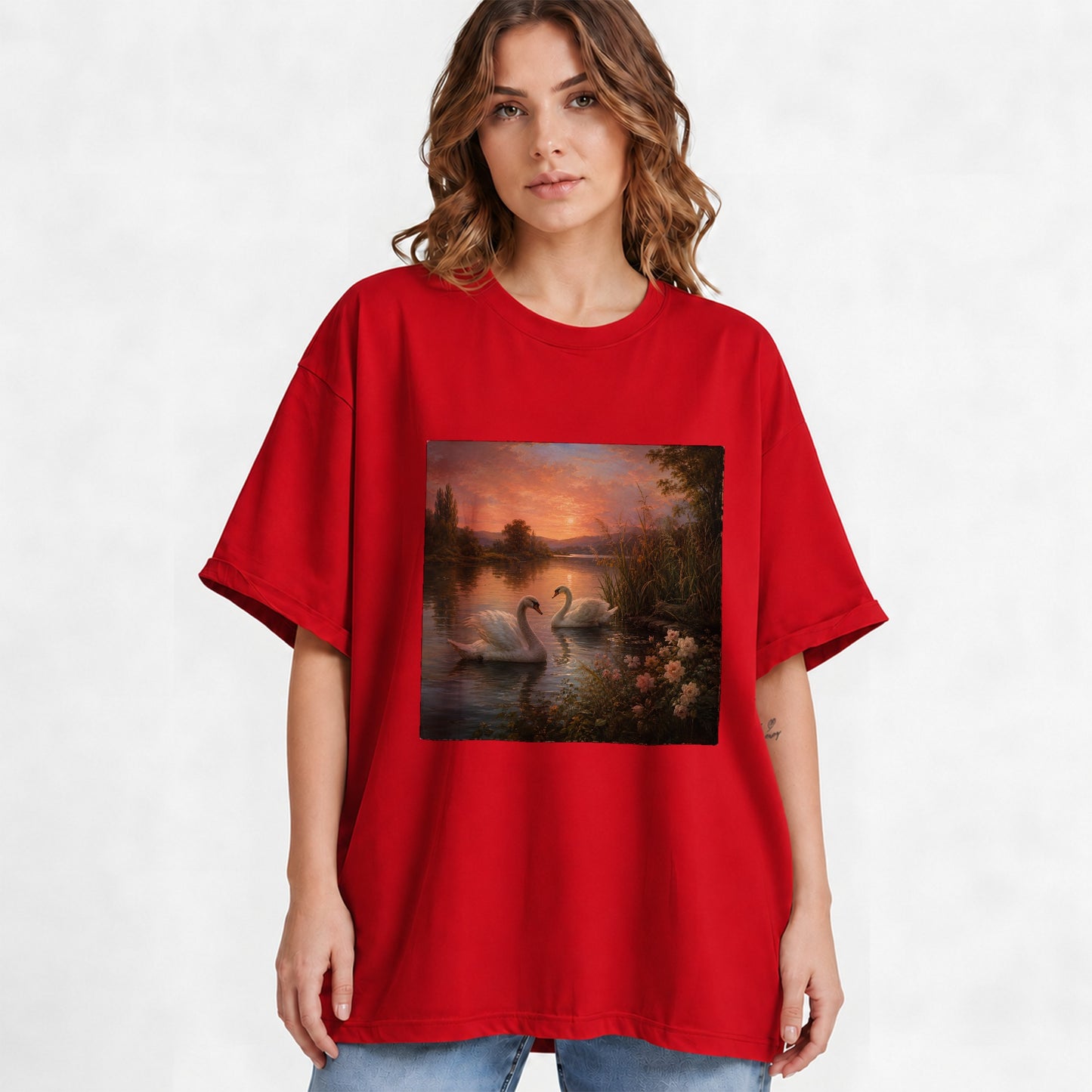 #pl[Red] Swan Lake Sunset Graphic T-Shirt, Romantic Roses Water Landscape