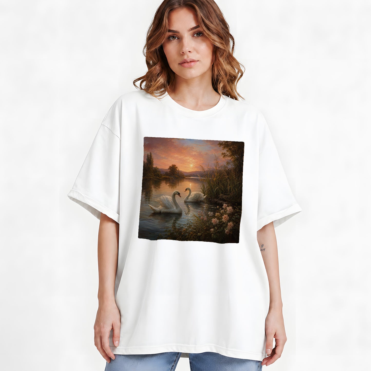 #pl[White] Swan Lake Sunset Graphic T-Shirt, Romantic Roses Water Landscape