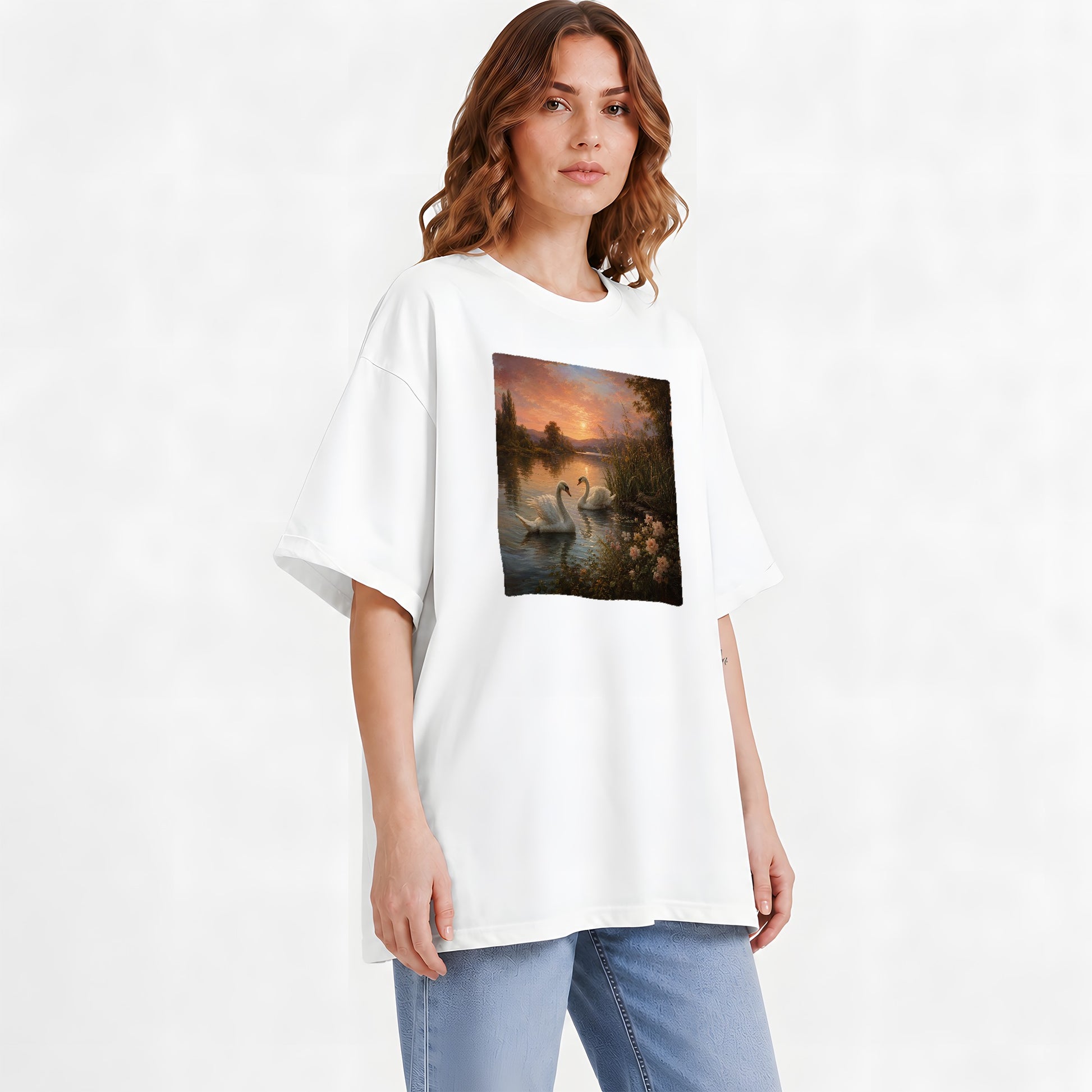 #pl[White] Swan Lake Sunset Graphic T-Shirt, Romantic Roses Water Landscape