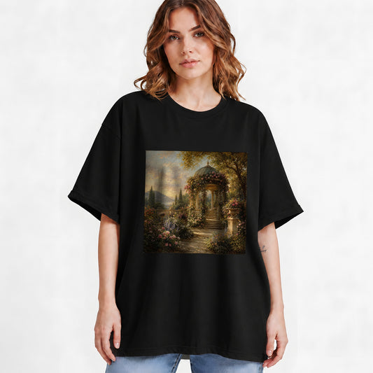 #pl[Black] Rose Garden Gazebo Graphic T-Shirt, Romantic Lakeside Landscape