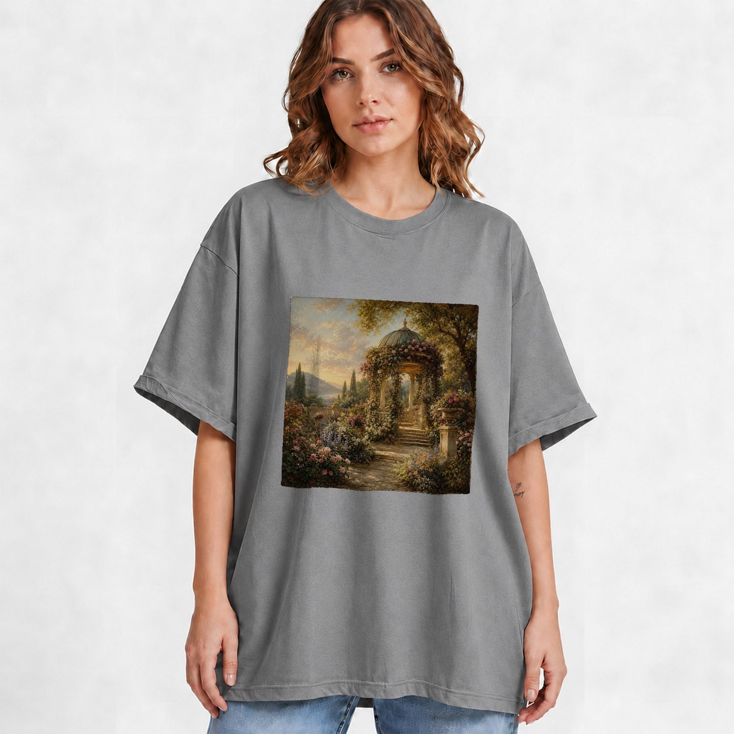 #pl[Gray] Rose Garden Gazebo Graphic T-Shirt, Romantic Lakeside Landscape