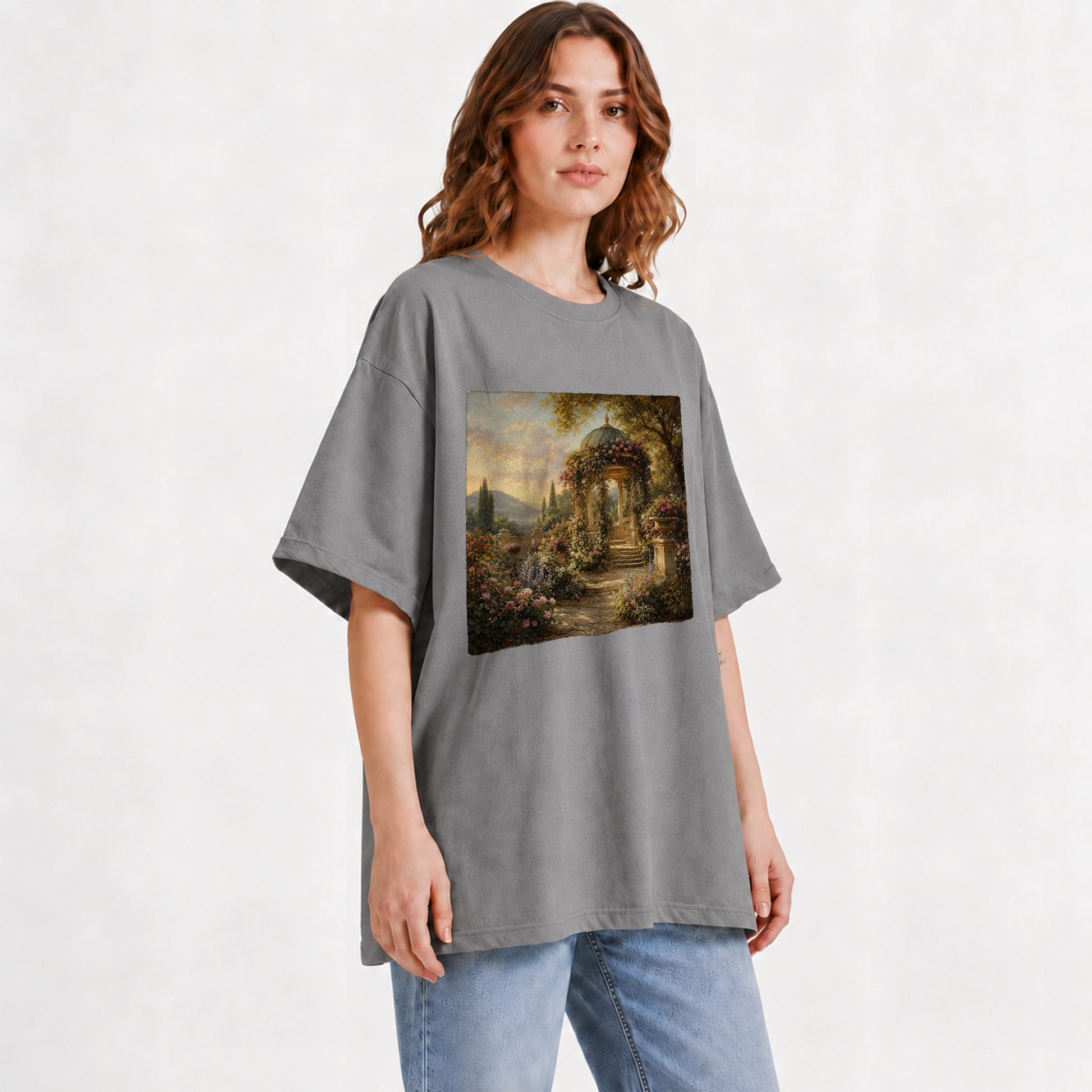 #pl[Gray] Rose Garden Gazebo Graphic T-Shirt, Romantic Lakeside Landscape