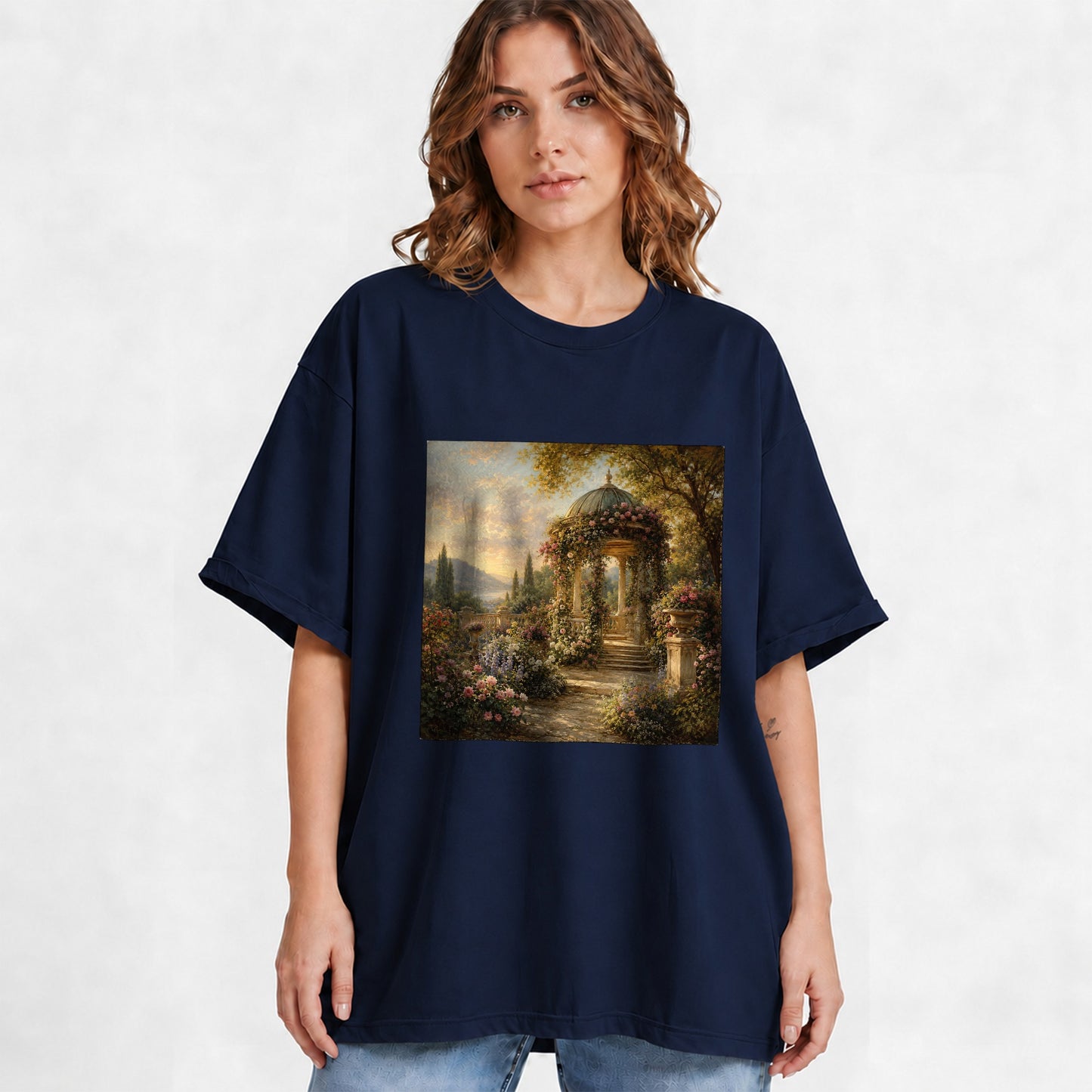 #pl[Navy] Rose Garden Gazebo Graphic T-Shirt, Romantic Lakeside Landscape