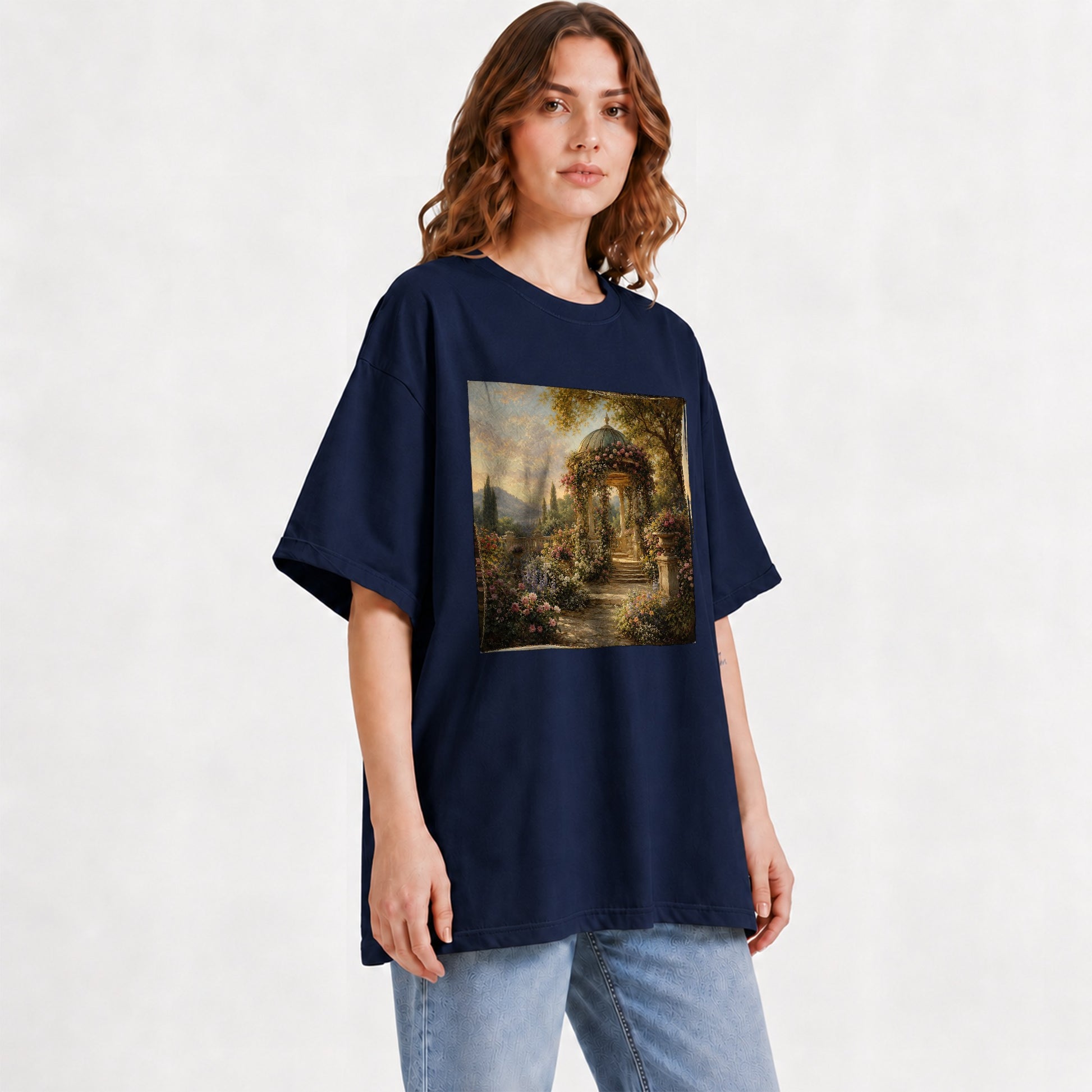 #pl[Navy] Rose Garden Gazebo Graphic T-Shirt, Romantic Lakeside Landscape