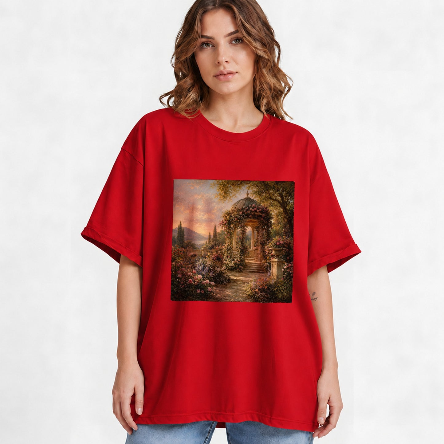 #pl[Red] Rose Garden Gazebo Graphic T-Shirt, Romantic Lakeside Landscape