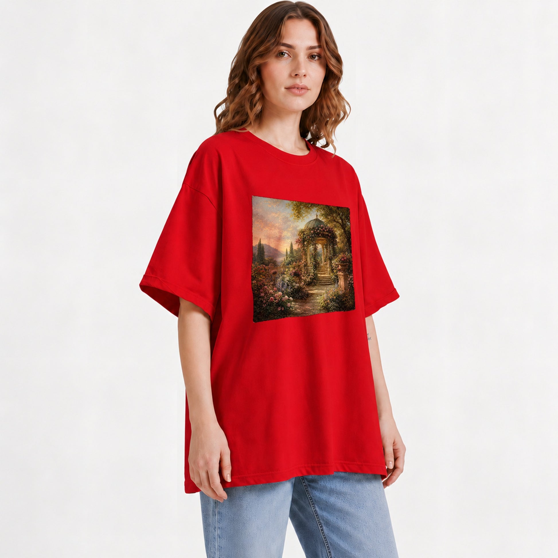 #pl[Red] Rose Garden Gazebo Graphic T-Shirt, Romantic Lakeside Landscape