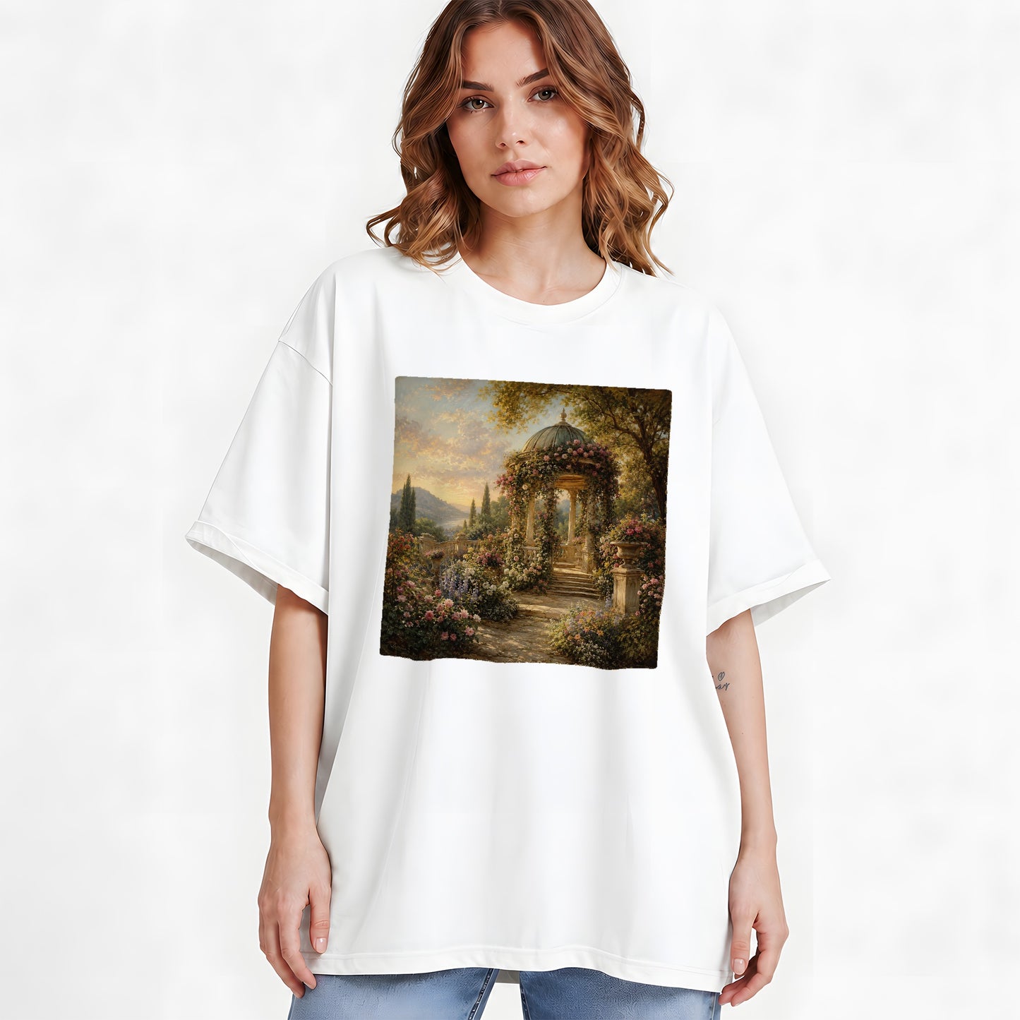 #pl[White] Rose Garden Gazebo Graphic T-Shirt, Romantic Lakeside Landscape