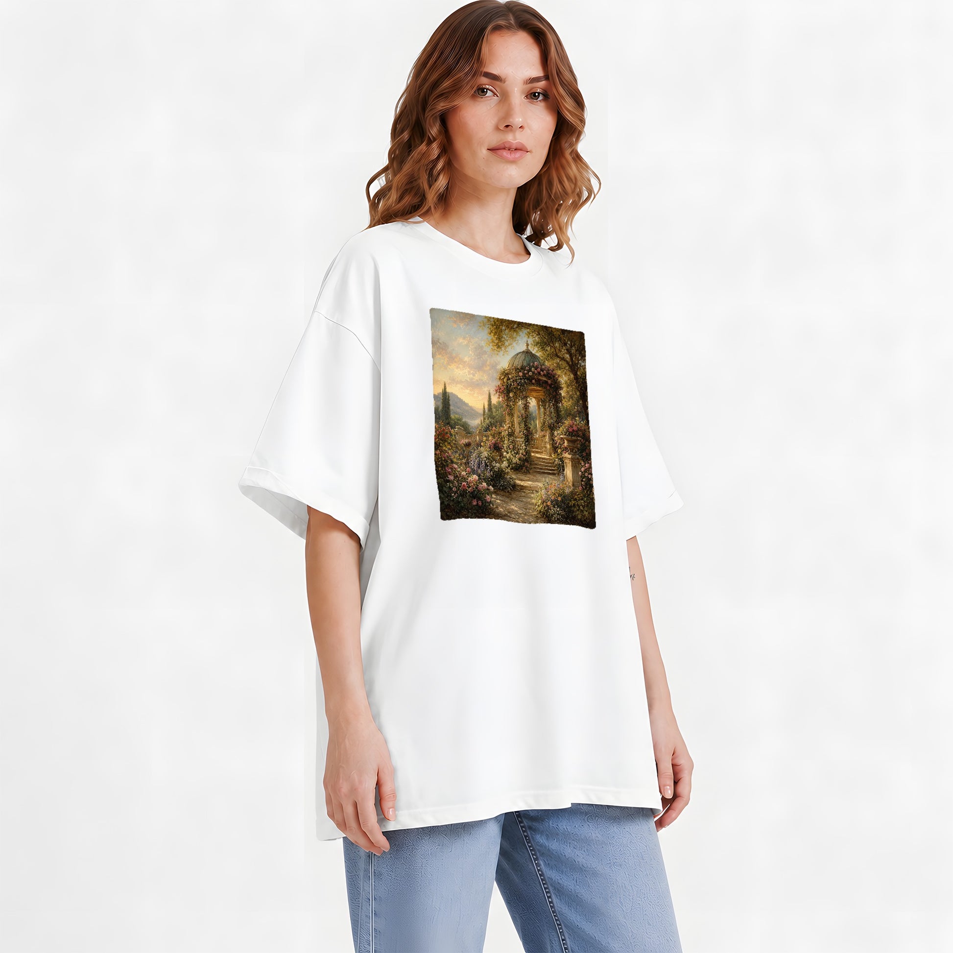 #pl[White] Rose Garden Gazebo Graphic T-Shirt, Romantic Lakeside Landscape