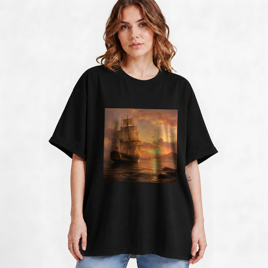 #pl[Black] Tall Ship Sunset Graphic T-Shirt, Vintage Sailing Ocean Landscape