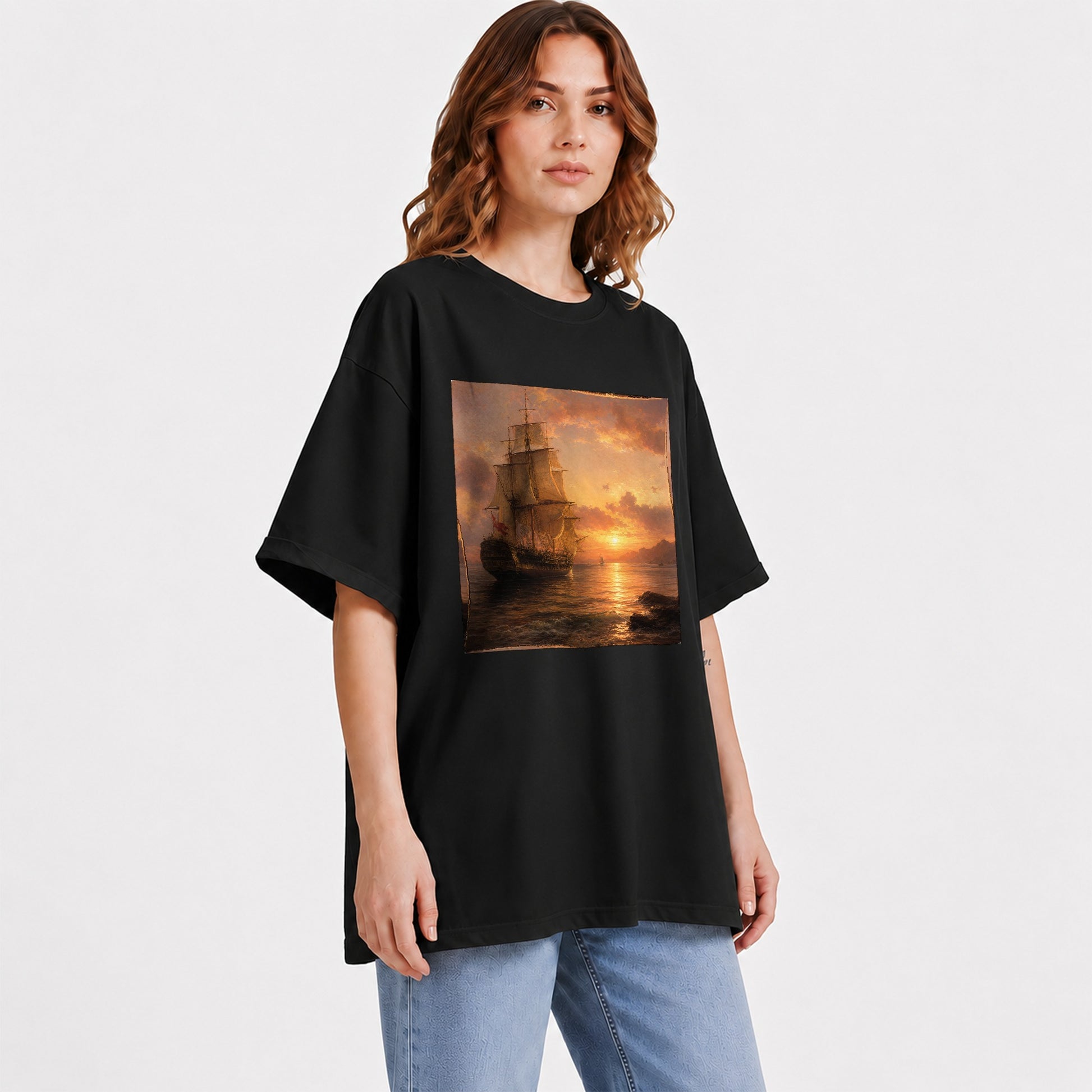 #pl[Black] Tall Ship Sunset Graphic T-Shirt, Vintage Sailing Ocean Landscape