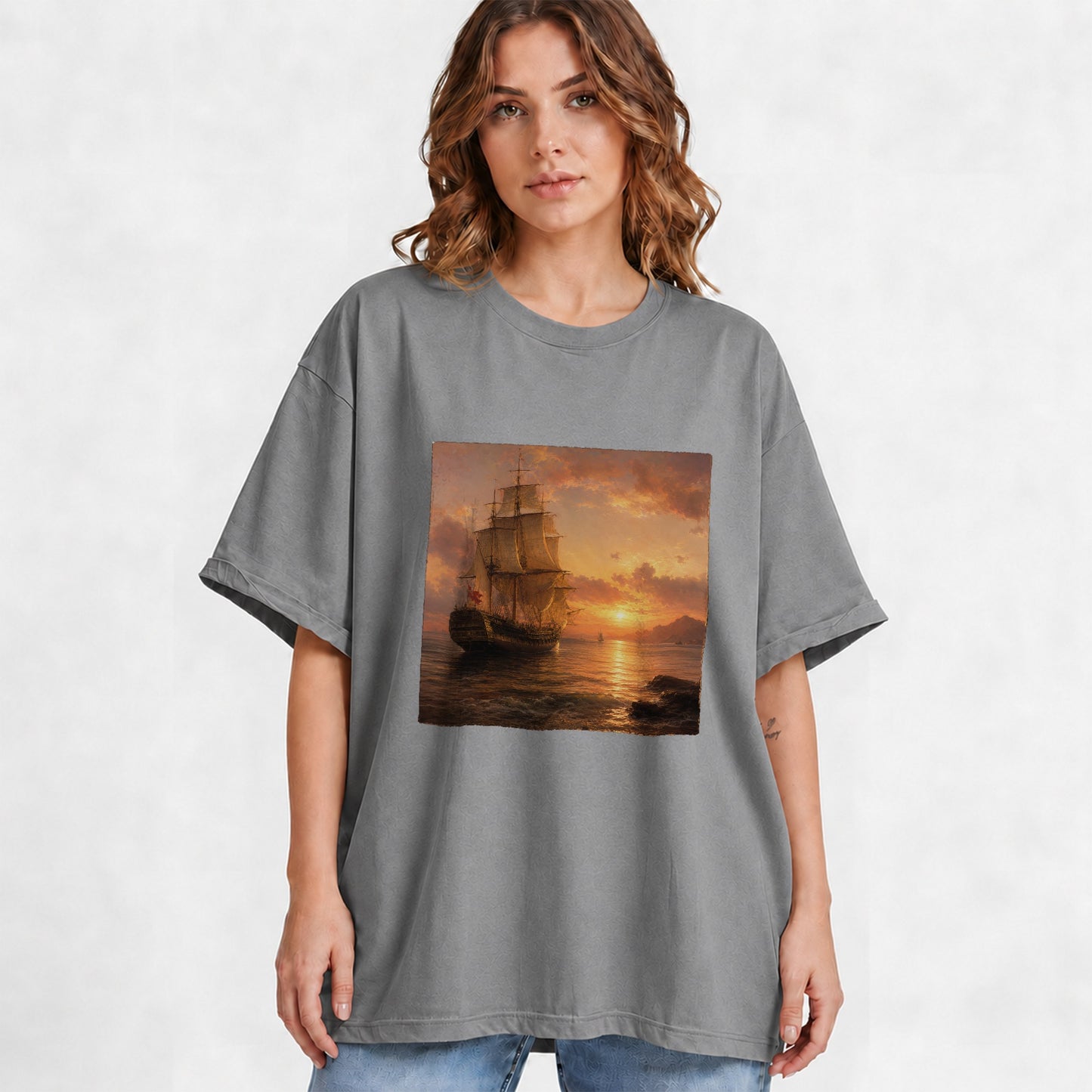 #pl[Gray] Tall Ship Sunset Graphic T-Shirt, Vintage Sailing Ocean Landscape