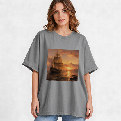 #pl[Gray] Tall Ship Sunset Graphic T-Shirt, Vintage Sailing Ocean Landscape
