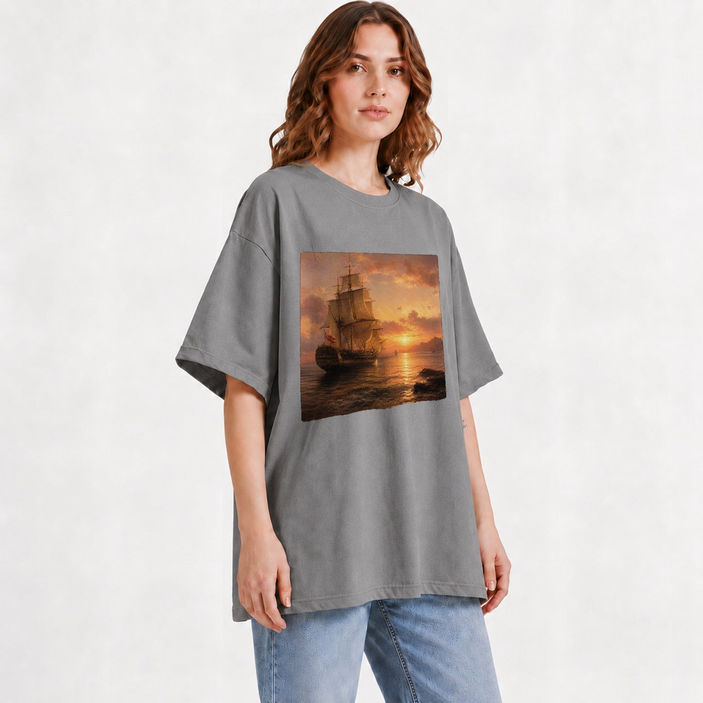 #pl[Gray] Tall Ship Sunset Graphic T-Shirt, Vintage Sailing Ocean Landscape