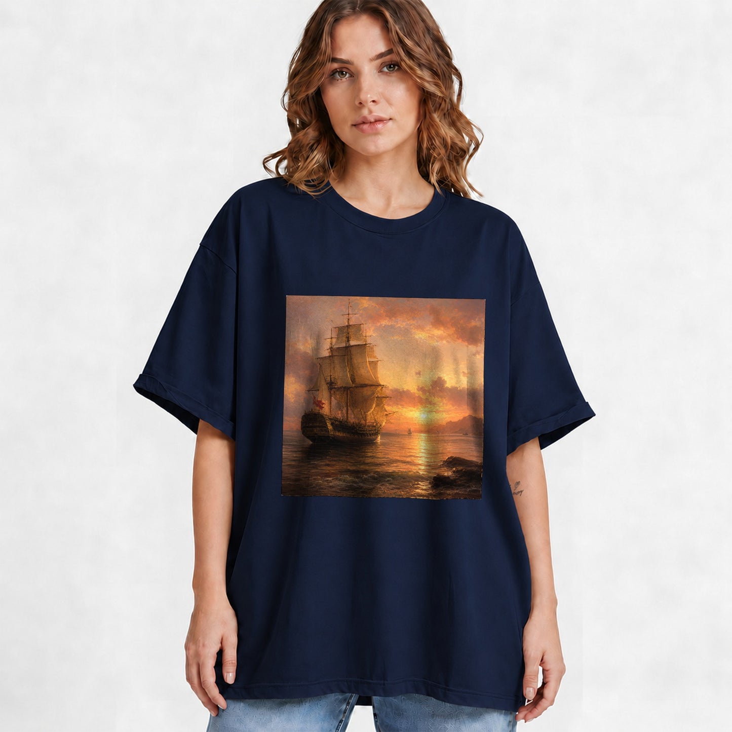 #pl[Navy] Tall Ship Sunset Graphic T-Shirt, Vintage Sailing Ocean Landscape