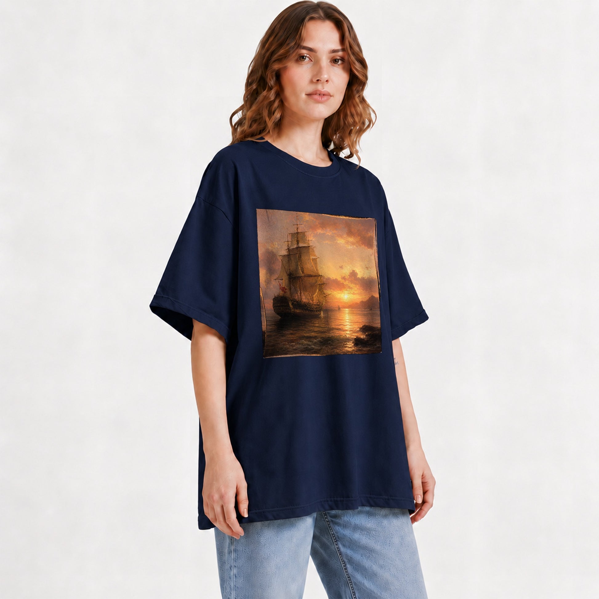 #pl[Navy] Tall Ship Sunset Graphic T-Shirt, Vintage Sailing Ocean Landscape