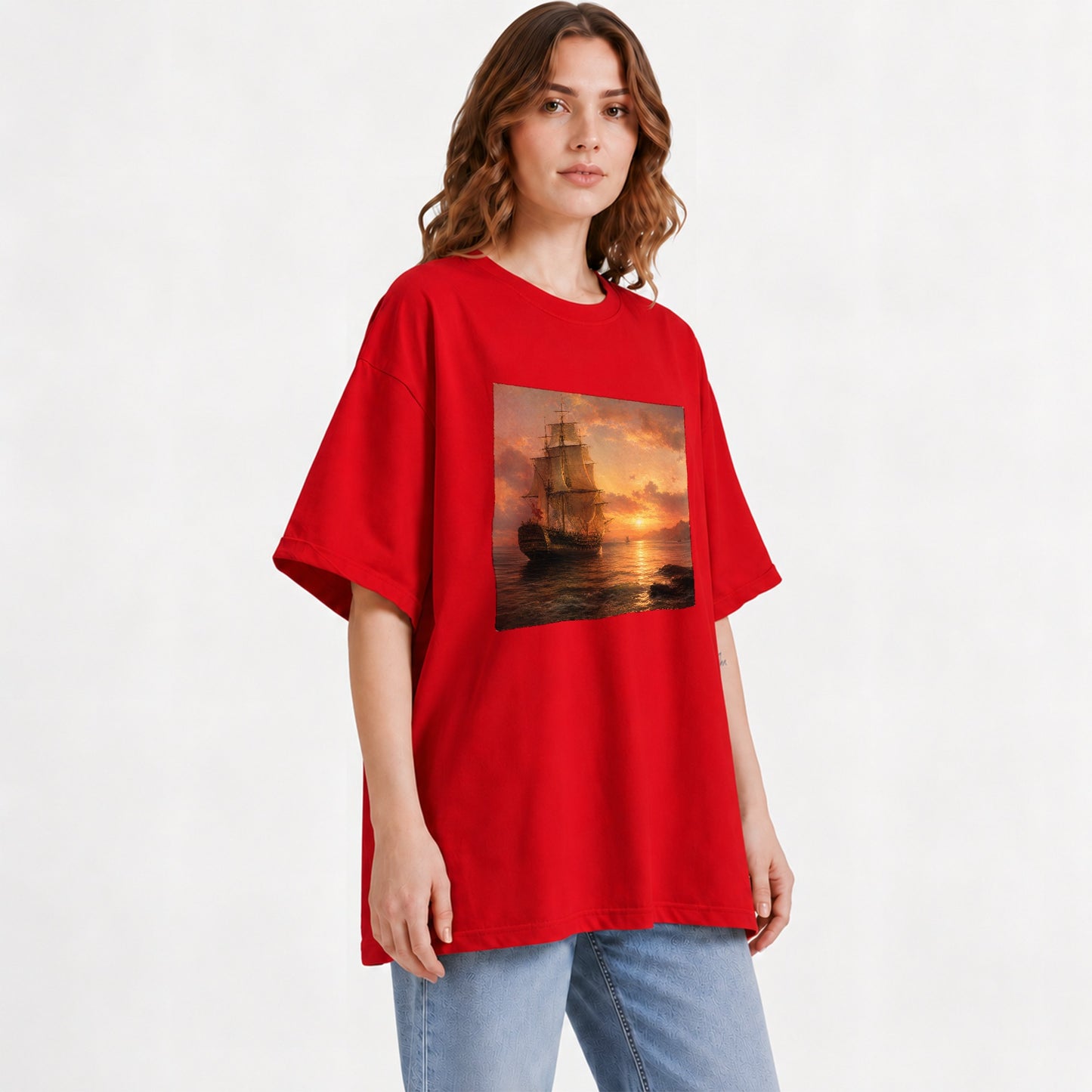 #pl[Red] Tall Ship Sunset Graphic T-Shirt, Vintage Sailing Ocean Landscape