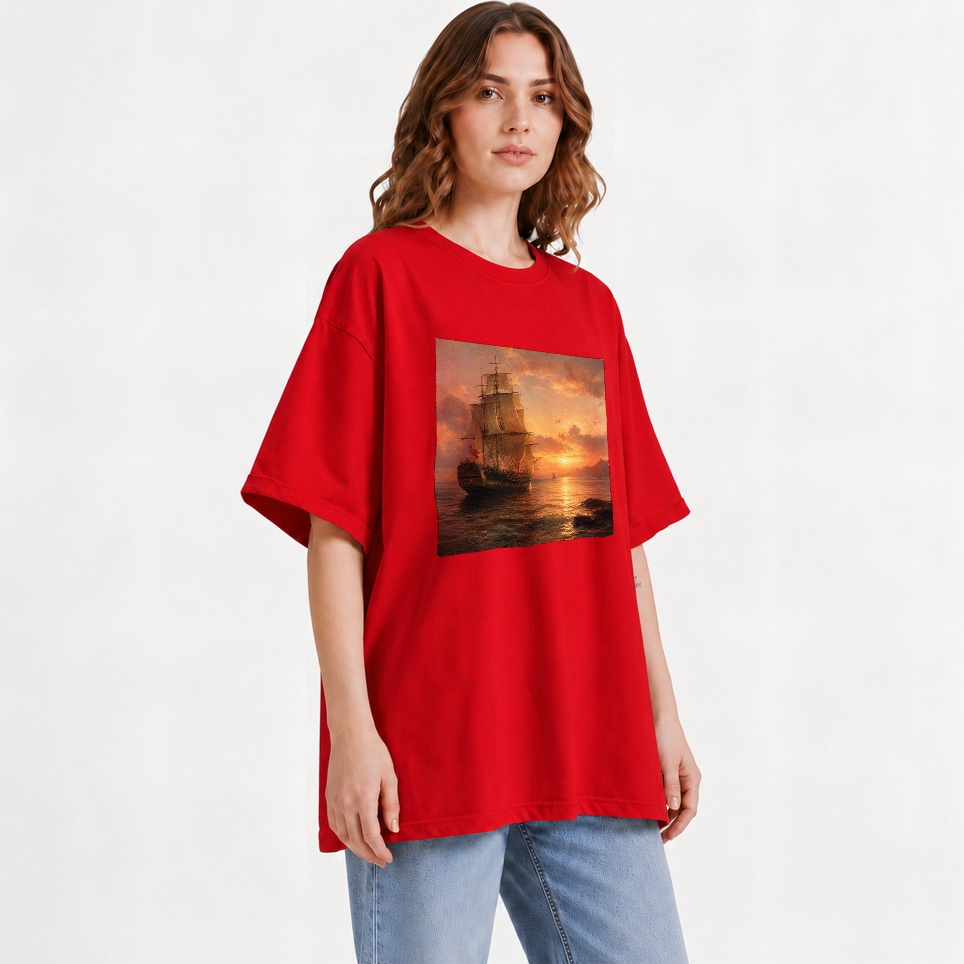 #pl[Red] Tall Ship Sunset Graphic T-Shirt, Vintage Sailing Ocean Landscape