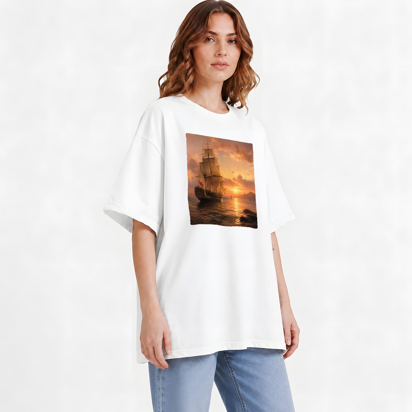 #pl[White] Tall Ship Sunset Graphic T-Shirt, Vintage Sailing Ocean Landscape