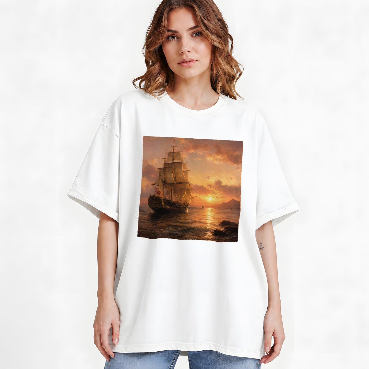 #pl[White] Tall Ship Sunset Graphic T-Shirt, Vintage Sailing Ocean Landscape