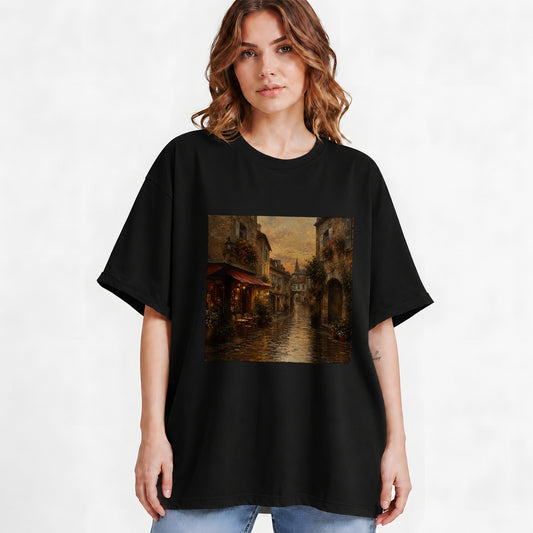 #pl[Black] Rainy Old Town Graphic T-Shirt, Cozy European Cafe Street Scene