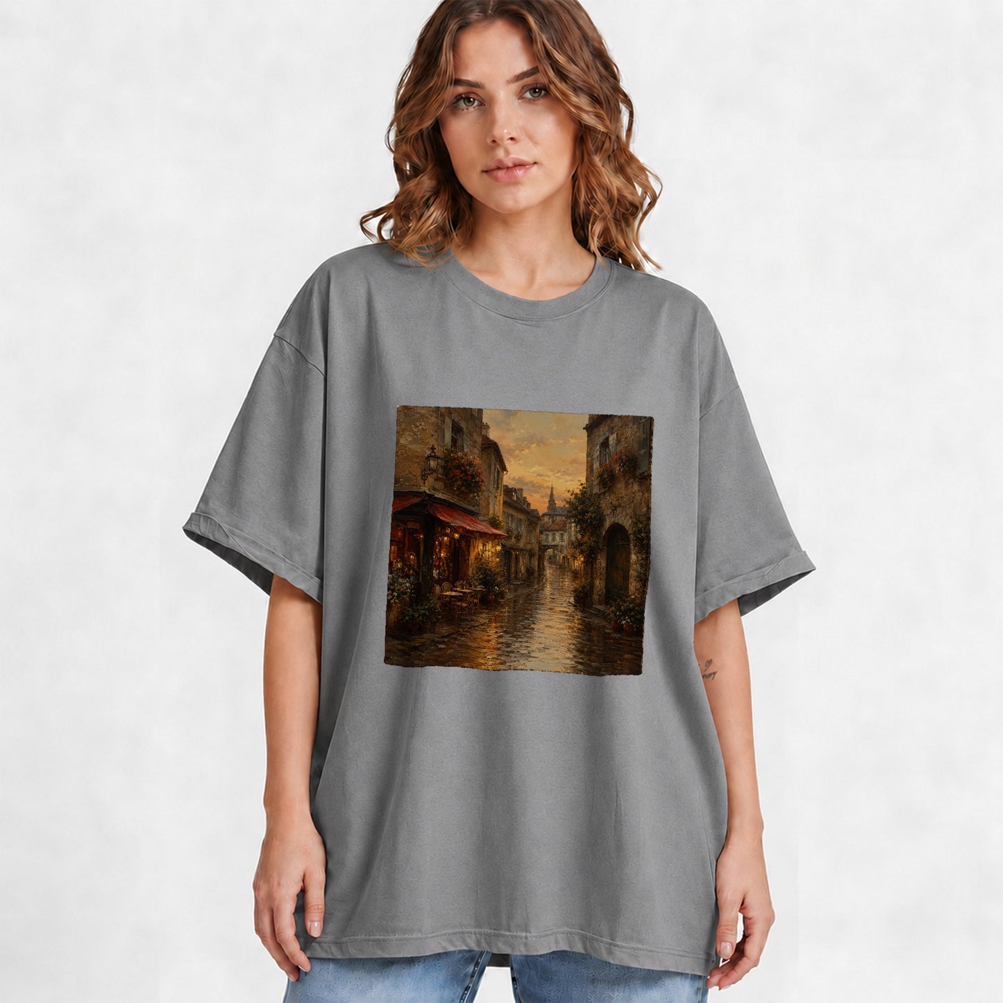 #pl[Gray] Rainy Old Town Graphic T-Shirt, Cozy European Cafe Street Scene