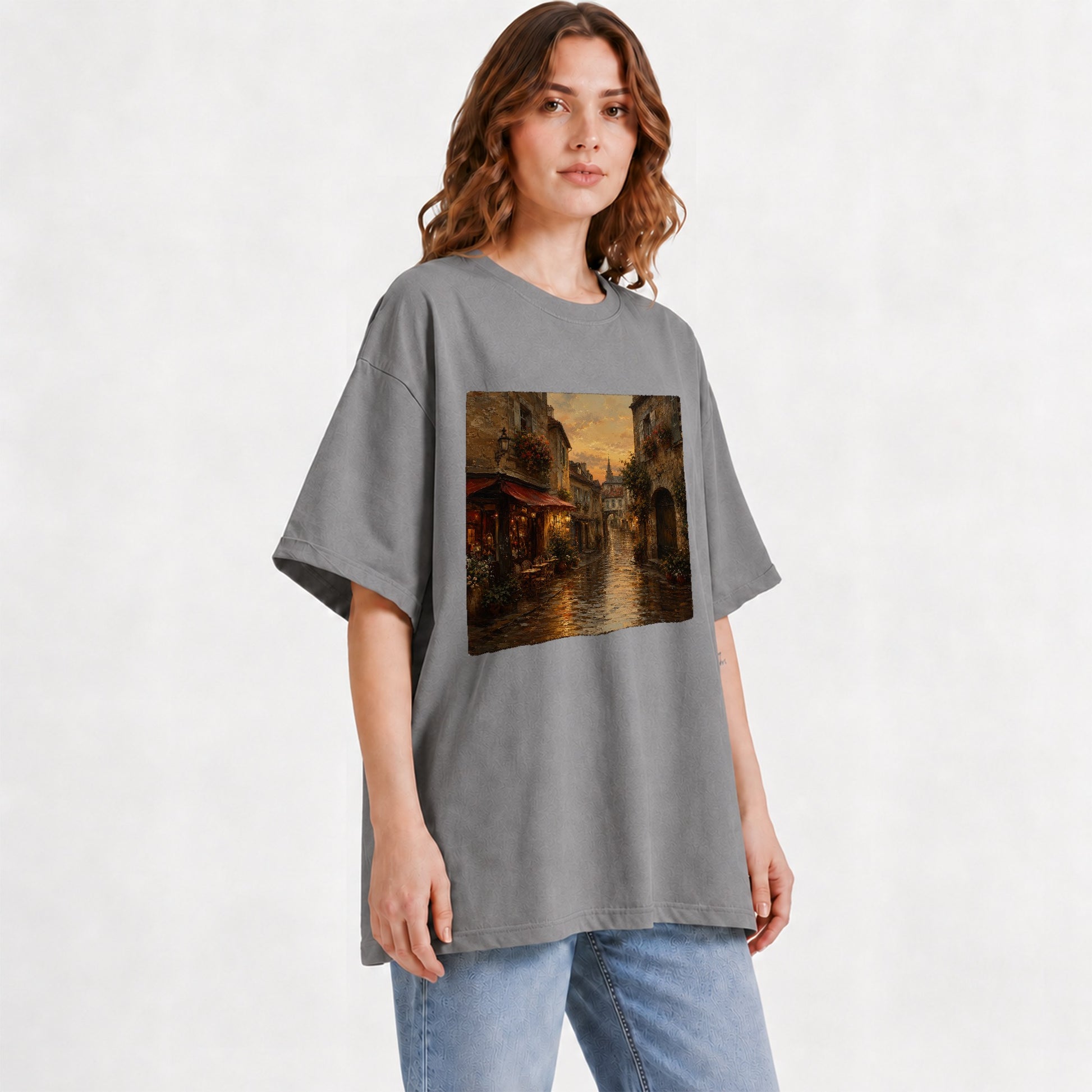 #pl[Gray] Rainy Old Town Graphic T-Shirt, Cozy European Cafe Street Scene