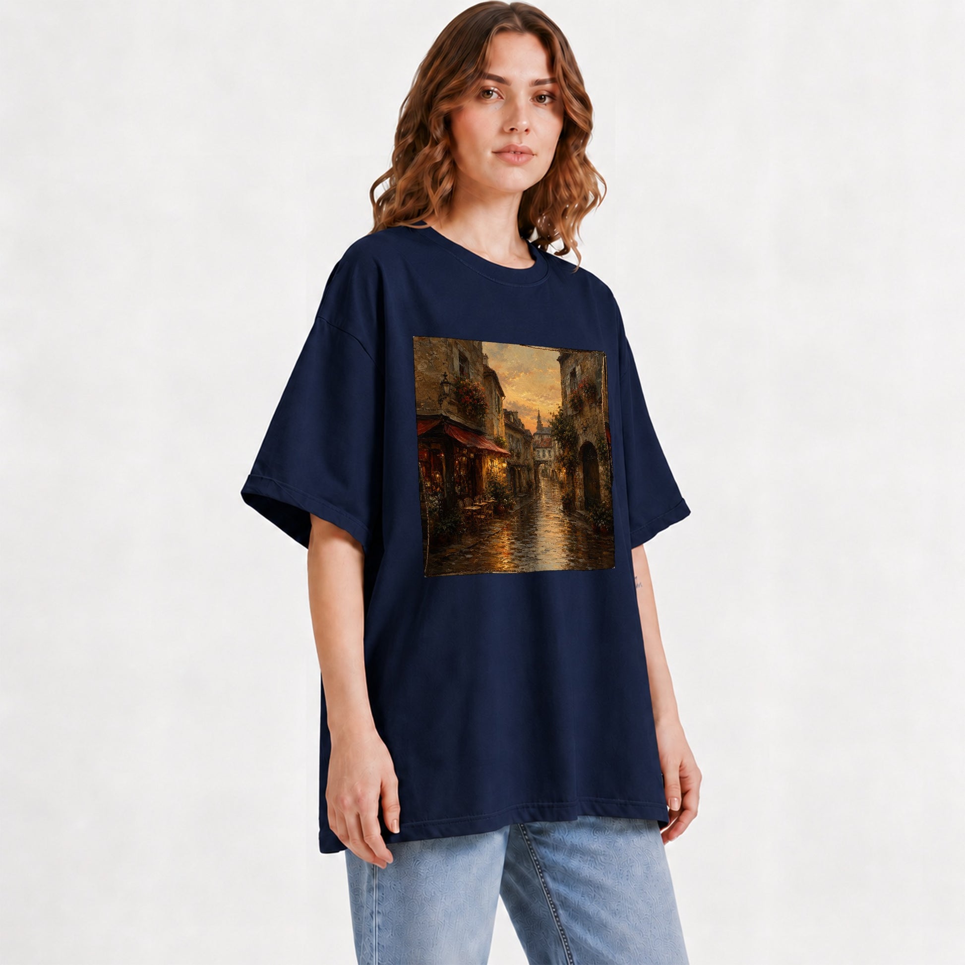 #pl[Navy] Rainy Old Town Graphic T-Shirt, Cozy European Cafe Street Scene