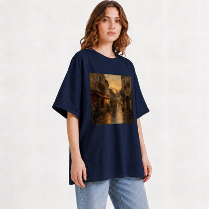 #pl[Navy] Rainy Old Town Graphic T-Shirt, Cozy European Cafe Street Scene