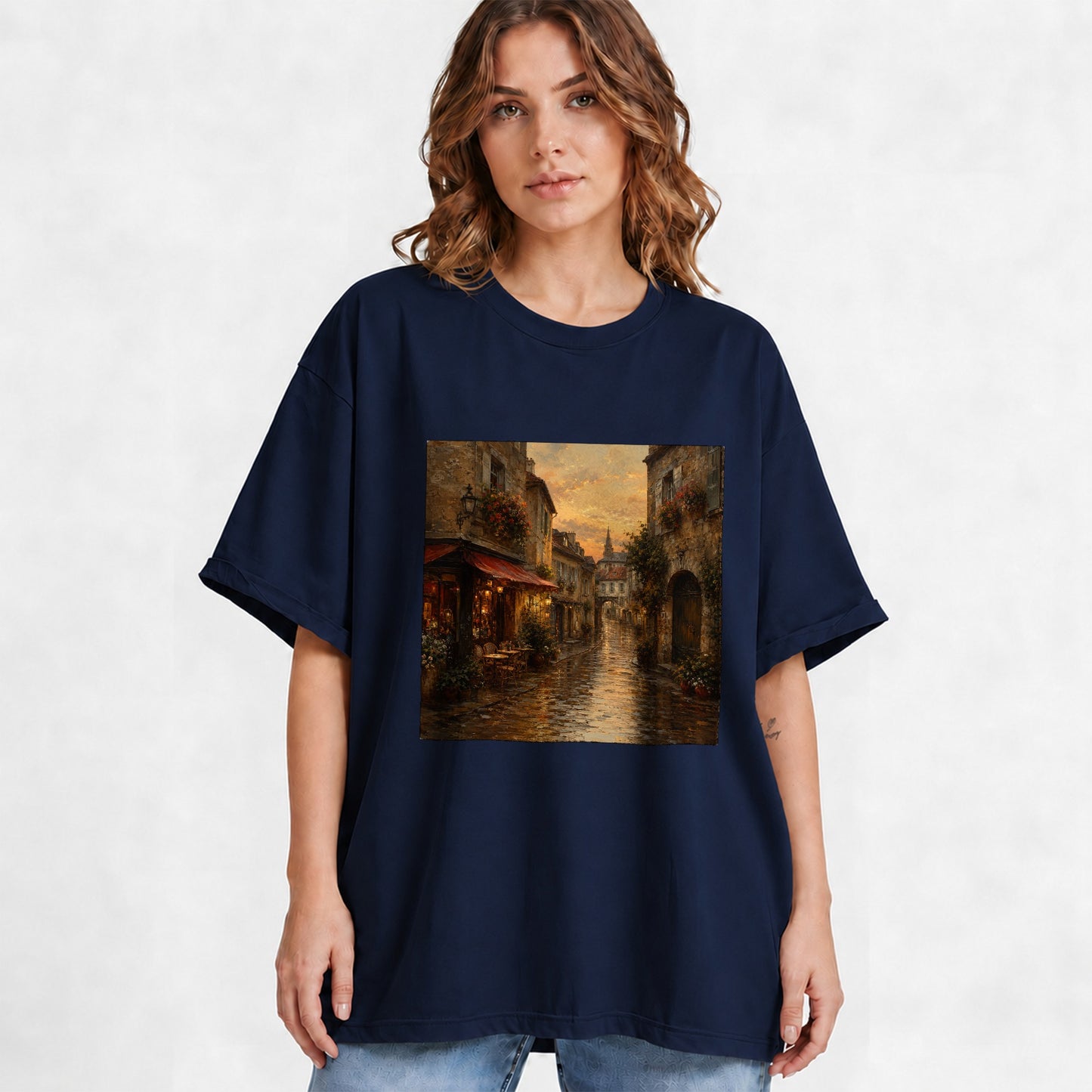 #pl[Navy] Rainy Old Town Graphic T-Shirt, Cozy European Cafe Street Scene