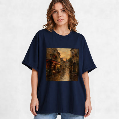 #pl[Navy] Rainy Old Town Graphic T-Shirt, Cozy European Cafe Street Scene