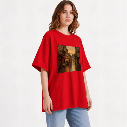 #pl[Red] Rainy Old Town Graphic T-Shirt, Cozy European Cafe Street Scene