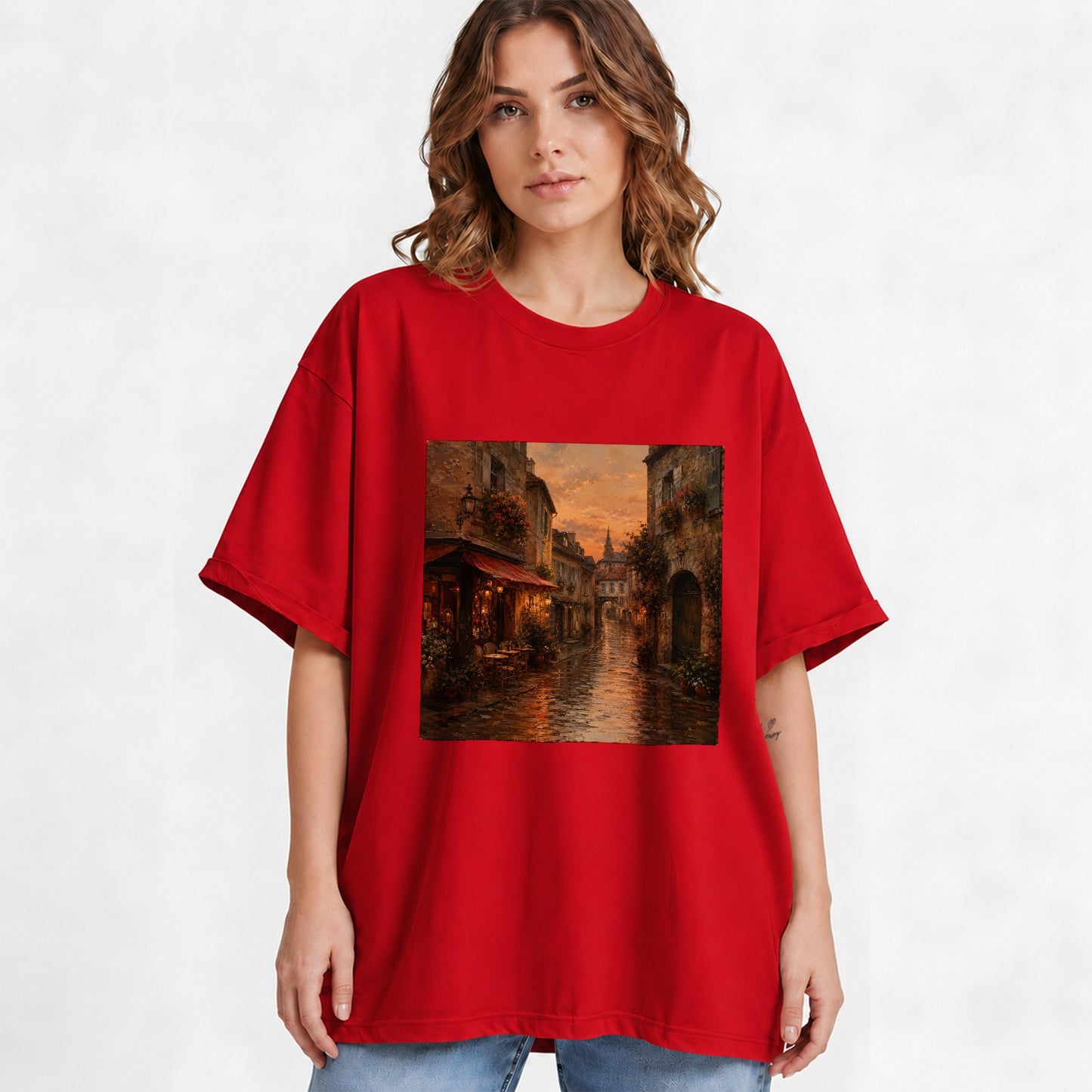 #pl[Red] Rainy Old Town Graphic T-Shirt, Cozy European Cafe Street Scene