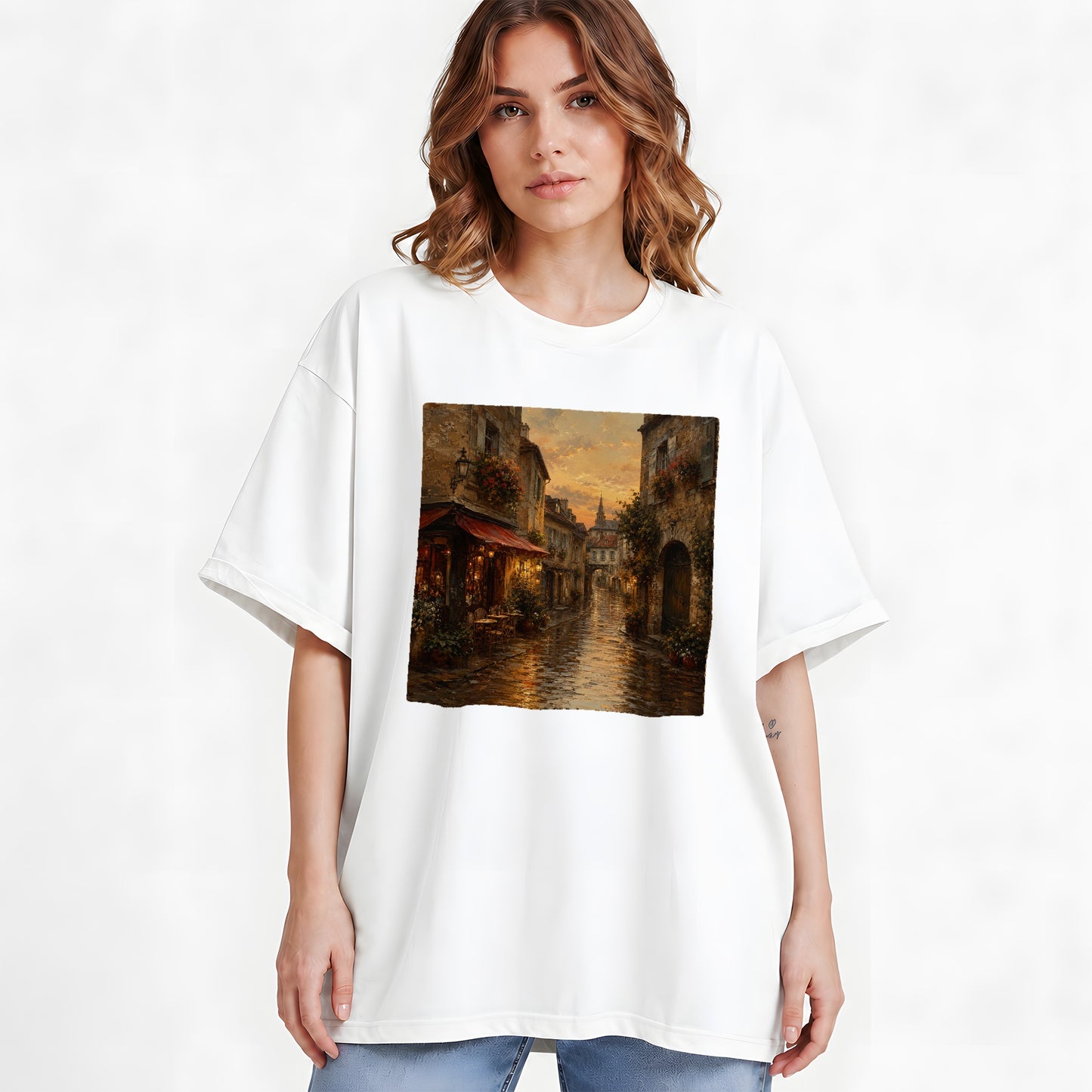 #pl[White] Rainy Old Town Graphic T-Shirt, Cozy European Cafe Street Scene