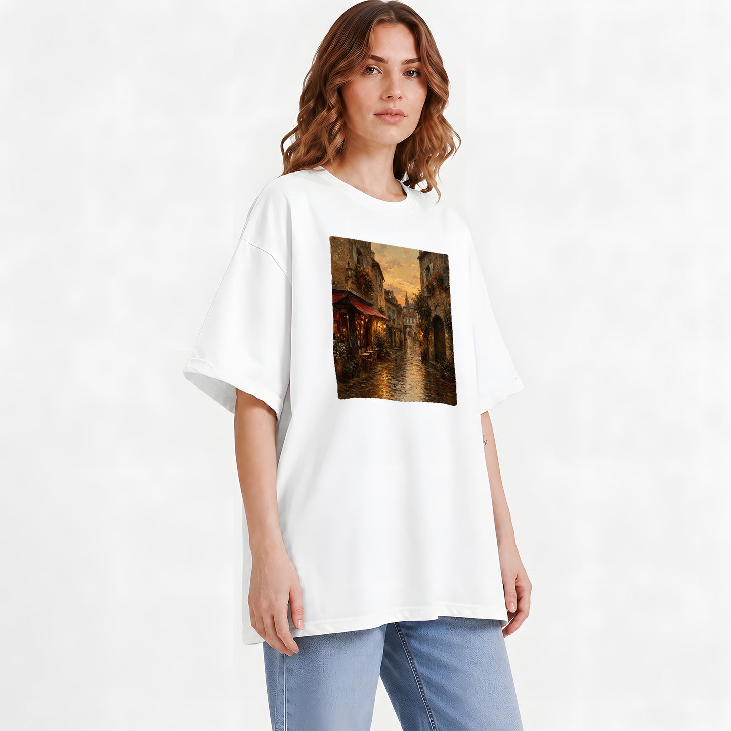 #pl[White] Rainy Old Town Graphic T-Shirt, Cozy European Cafe Street Scene