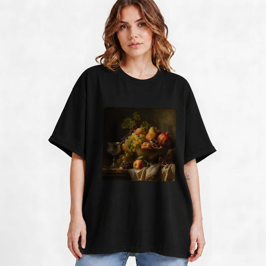 #pl[Black] Fruit Still Life Graphic T-Shirt, Vintage Grapes Pomegranate Design
