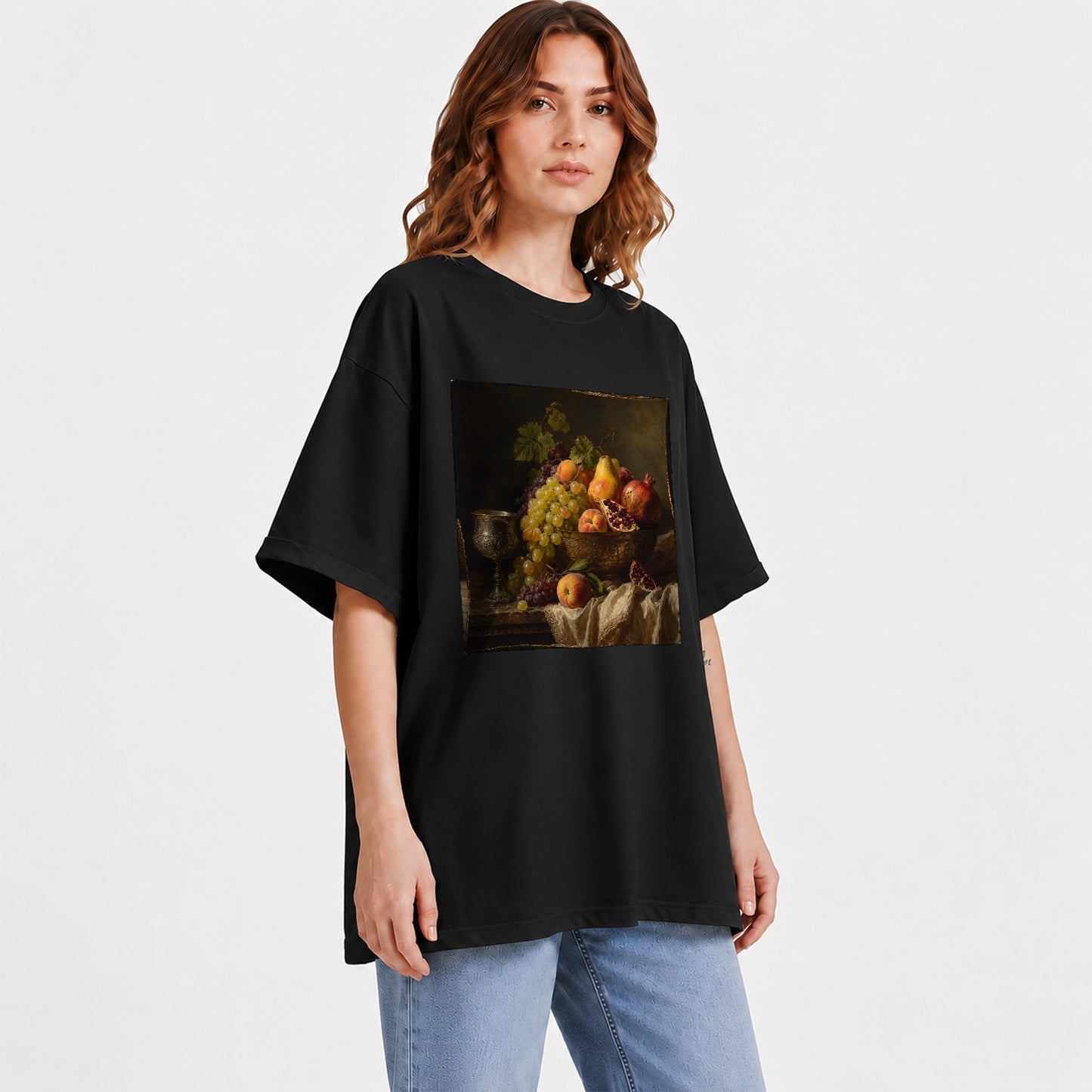 #pl[Black] Fruit Still Life Graphic T-Shirt, Vintage Grapes Pomegranate Design