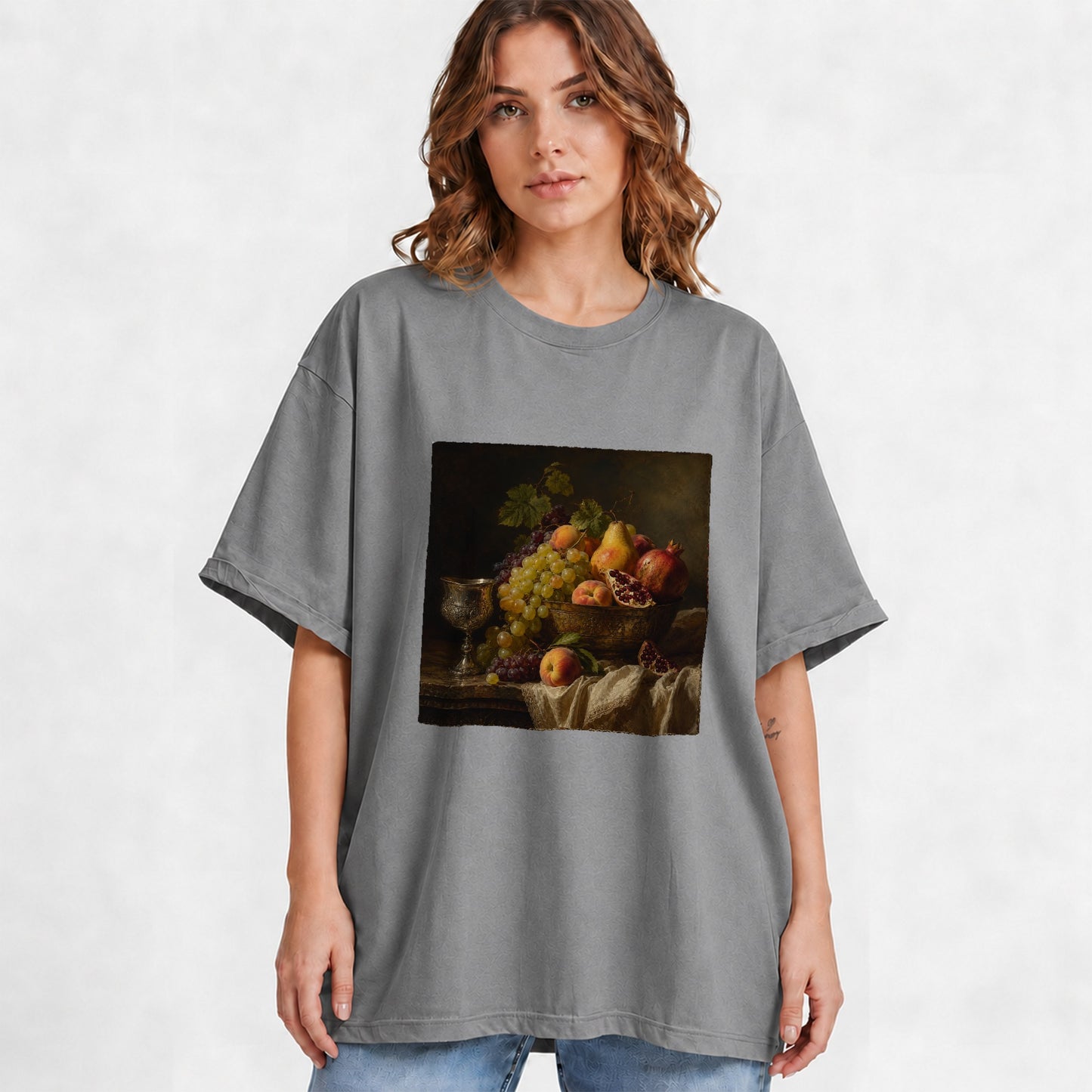 #pl[Gray] Fruit Still Life Graphic T-Shirt, Vintage Grapes Pomegranate Design